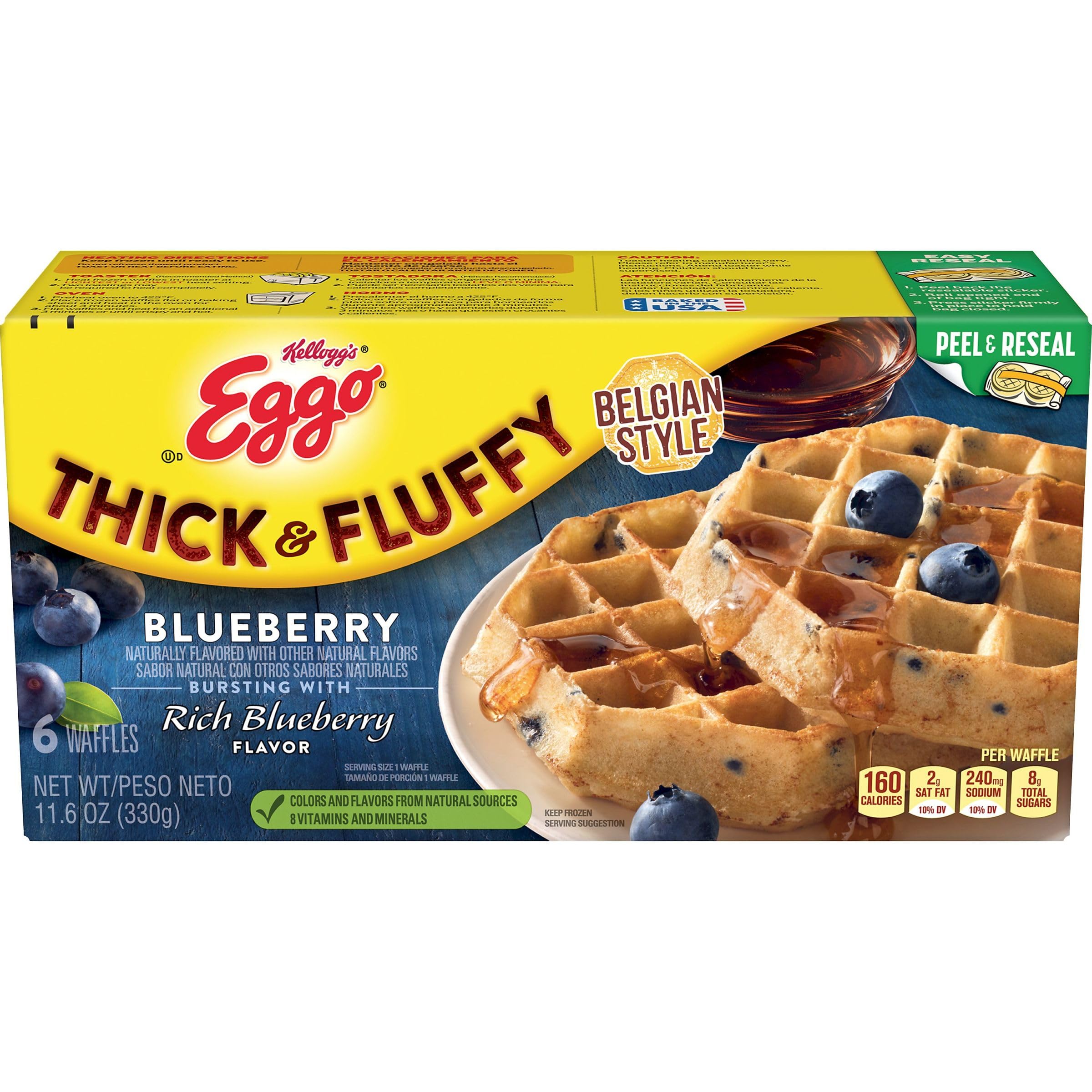 Eggo Thick & Fluffy Belgian Style Blueberry Frozen Waffles - 11.6oz Resealable Box (6 Count) - Perfect for Breakfast, Brunch or Quick Snacks