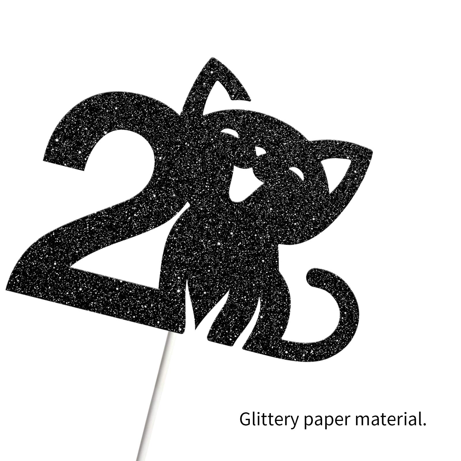 Happy 2nd Birthday Cat Cake Topper - Black Glitter 'I'm Two' Sign for Kitty Themed Parties | Pet Celebration Decor for Cakes, Cupcakes & Desserts