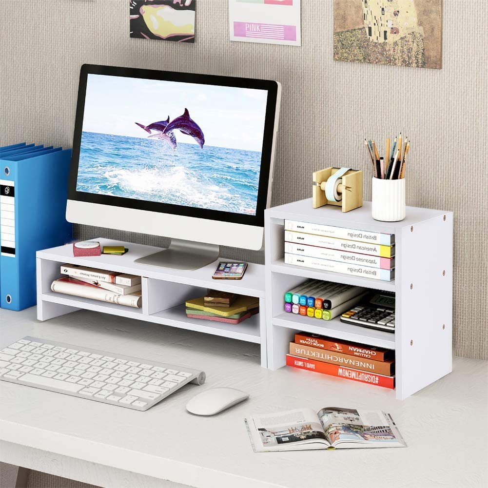 GOTOTOP White Wooden Laptop Monitor Riser Stand with 3-Layer Storage Shelf - Ergonomic Desktop Organizer for Home Office, Gaming Setup, and Workspace Efficiency