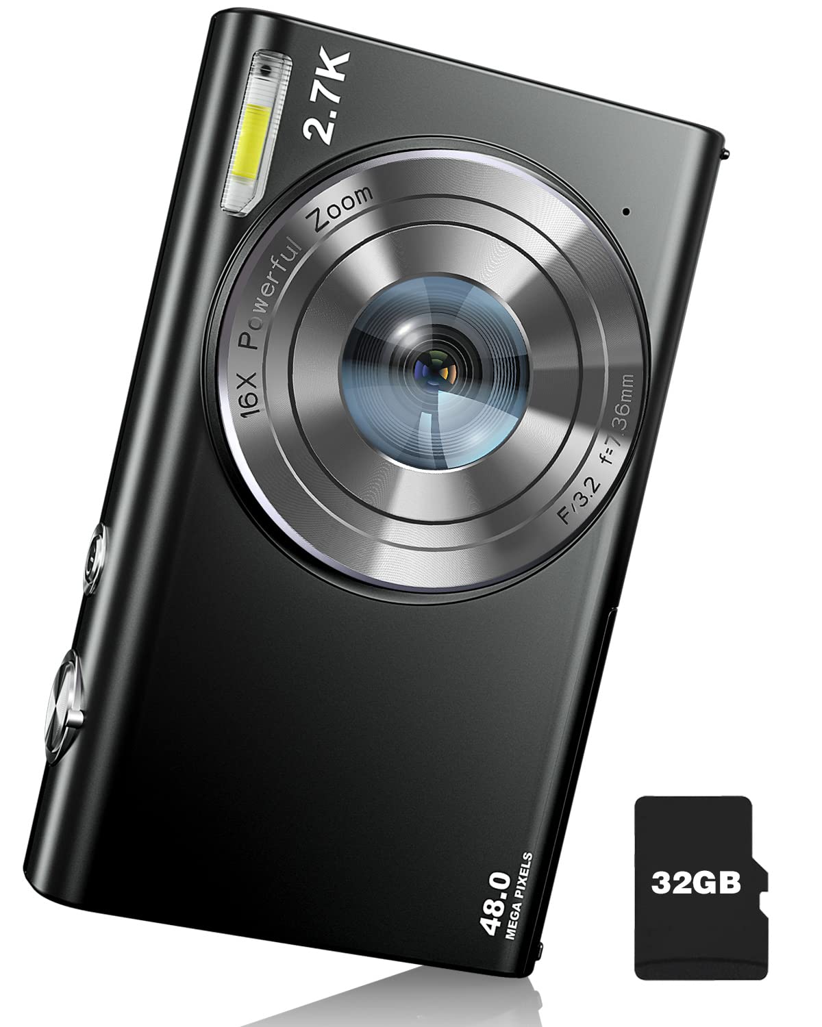 48MP 2.7K Digital Camera with Auto Focus, 16X Zoom & Time Lapse - 32GB Memory Card Included | Perfect Vlogging Camera for Kids, Teens & Students (Ages 8-15) | Great for Travel, Birthday Gifts & School Projects - Black