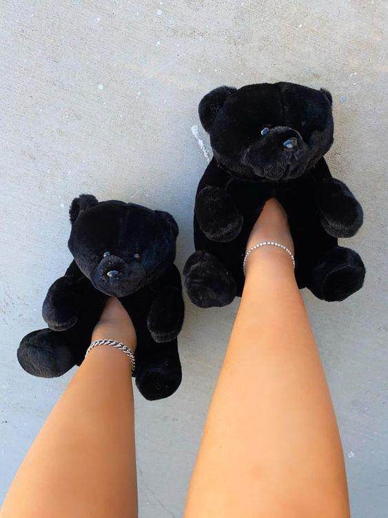 Soft and Cozy Teddy Bear Plush Slippers - Black Bear Design for Women & Kids | Perfect for Winter, Home, and Gift Giving