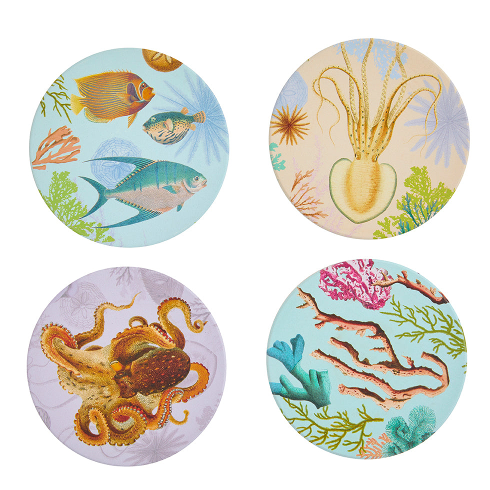 Under the Sea Coaster Set - 4 Pack Absorbent Stone Coasters with Ocean Theme for Coffee Tables & Home Decor | Perfect for Beach House, Coastal Living & Gift Giving