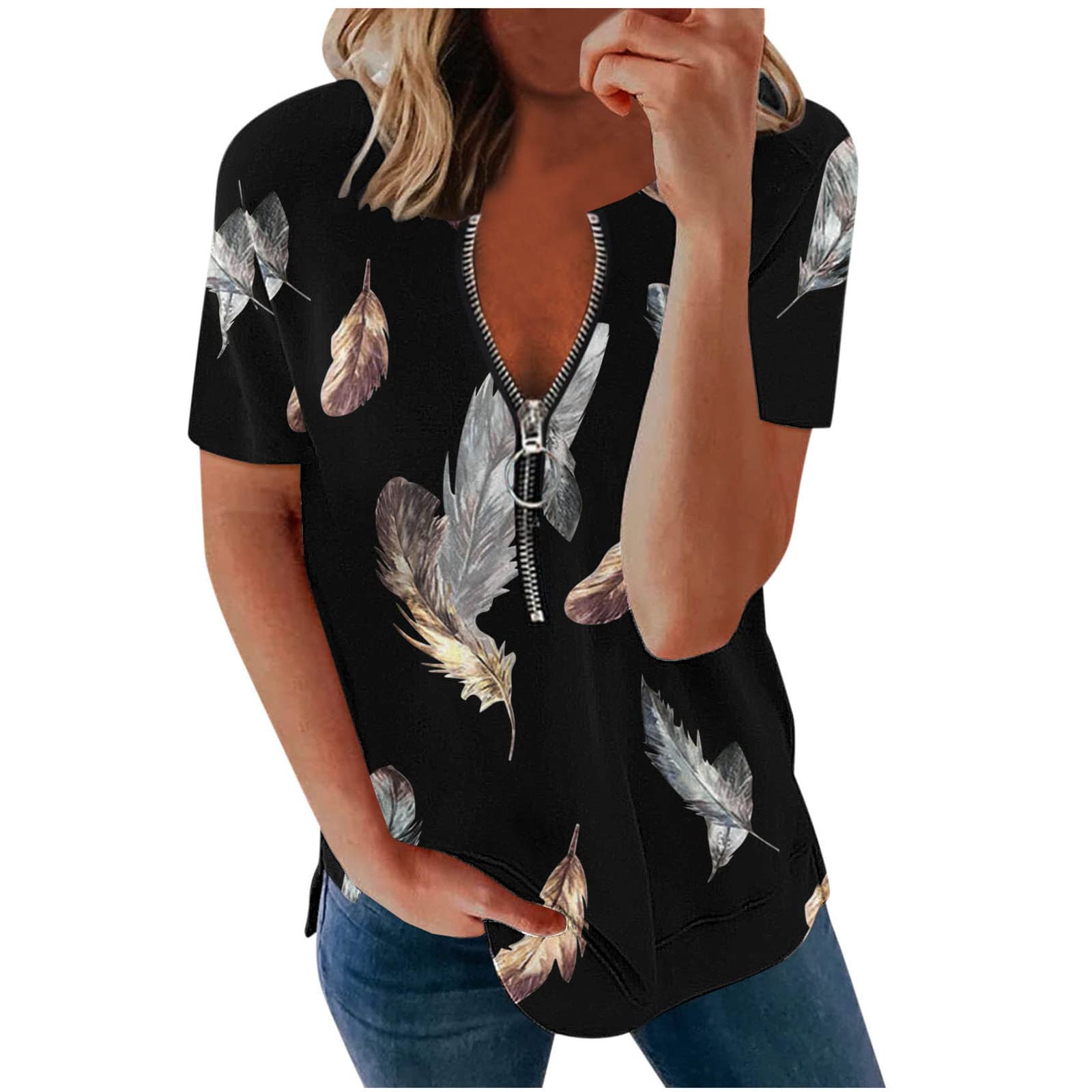 Women's V-Neck Half Zip Short Sleeve T-Shirt - Elegant Printed Casual Loose Tunic Top for Summer Outfits & Everyday Wear | Fashionable Blouse for Work, Dating, and Weekend Activities