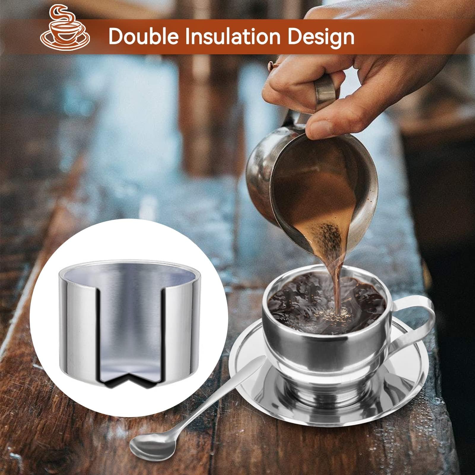 Premium Stainless Steel Coffee Cup Set - 125ML Espresso Mugs with Saucer & Spoon - Ideal for Cappuccino, Latte, Tea - Perfect Gift for Coffee & Tea Lovers - Great for Home, Office, Cafe, and Restaurant Use
