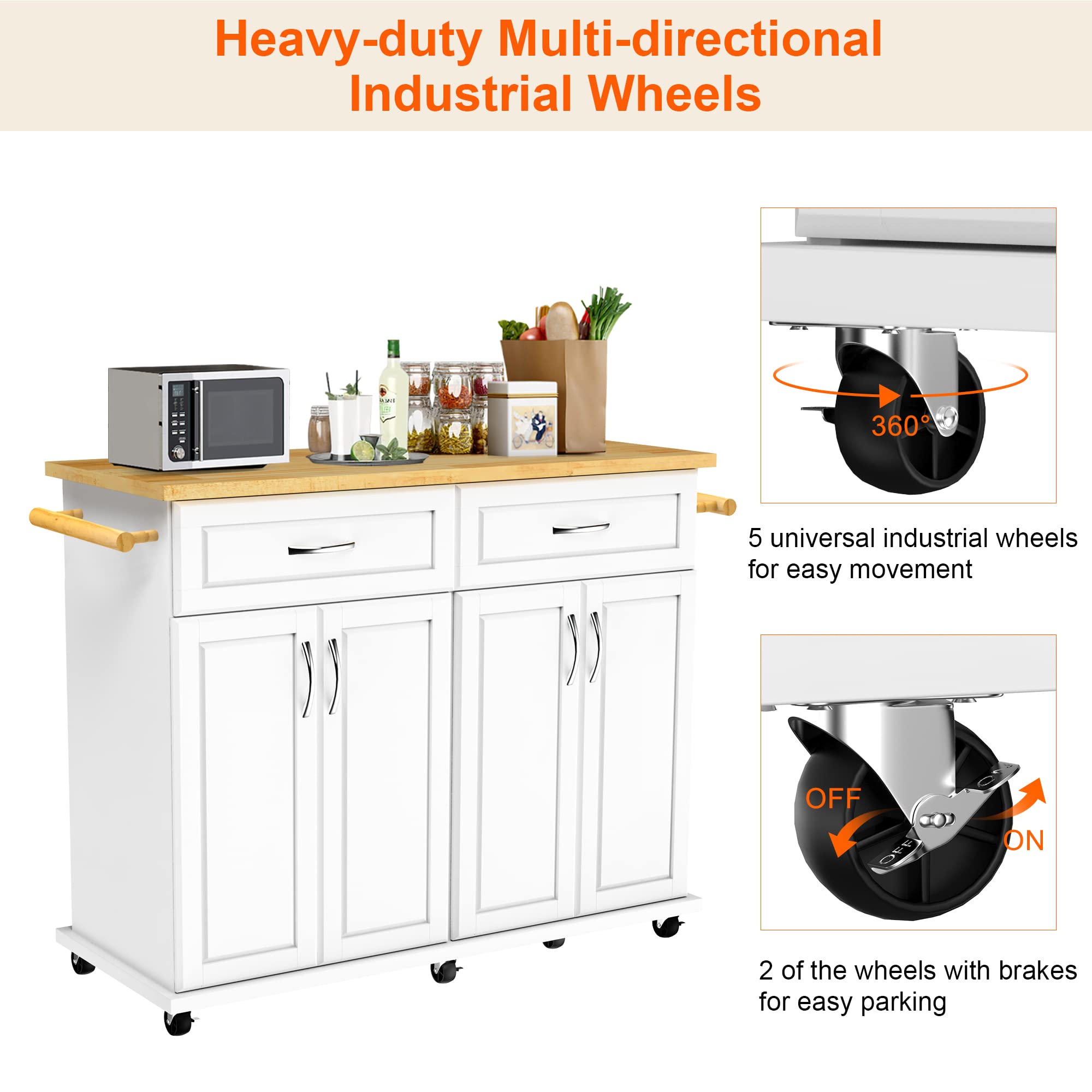 White Kitchen Island Cart with Storage Cabinet & Drawer - 48