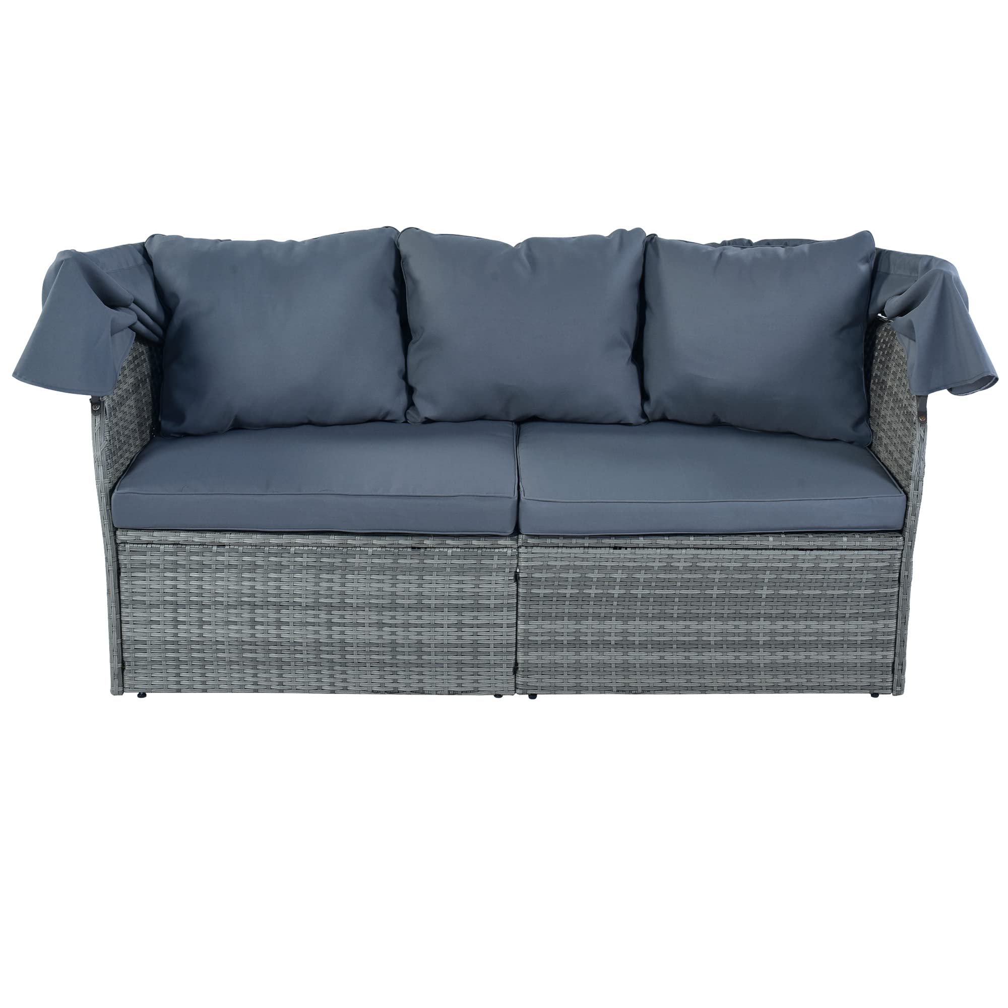 **Outdoor Round Daybed Sunbed with Retractable Canopy, Coffee Table & Cushions - All-Weather Patio Furniture Set, Wicker Sectional Sofa Conversation Set (Gray & Blue Gray) - Perfect for Poolside Lounging, Garden Relaxation & Outdoor Entertaining**