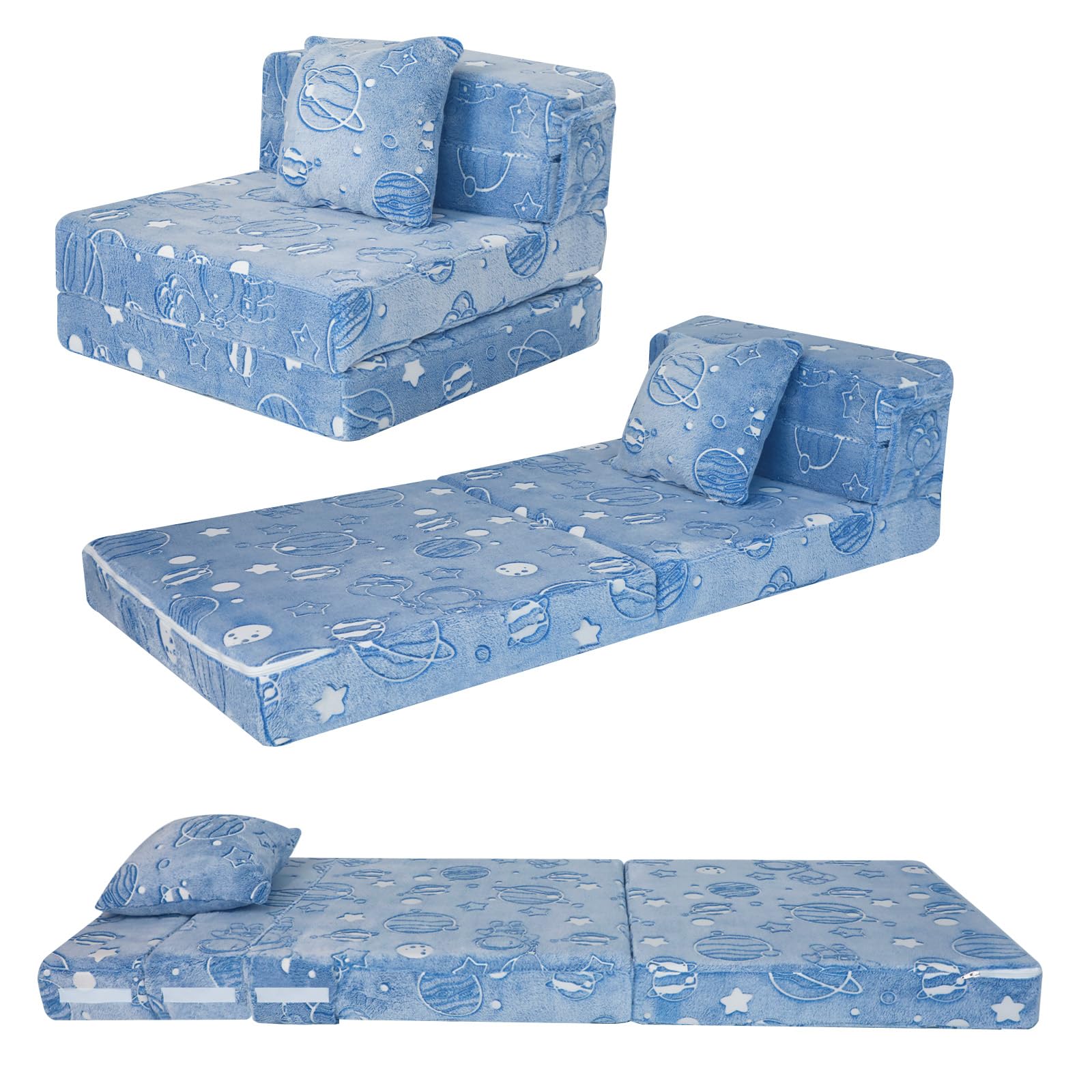 MeMoreCool Glow in the Dark Space-Themed Kids Sofa Bed - Tri-Fold Convertible Futon Chair & Floor Couch with Planets & Stars - Perfect for Playroom, Bedroom & Sleepovers