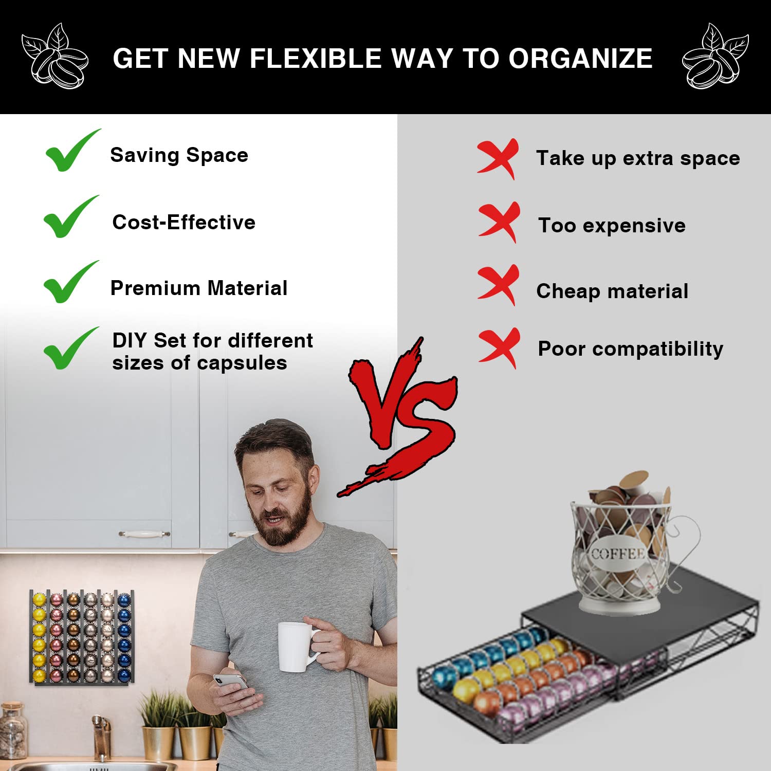 10Pcs PVC Wall Mount Coffee Pods Holder - Adjustable Nespresso Capsule Organizer Strips for Coffee Bar Accessories (Black) | Perfect for Kitchen Countertop & Office Coffee Station Organization