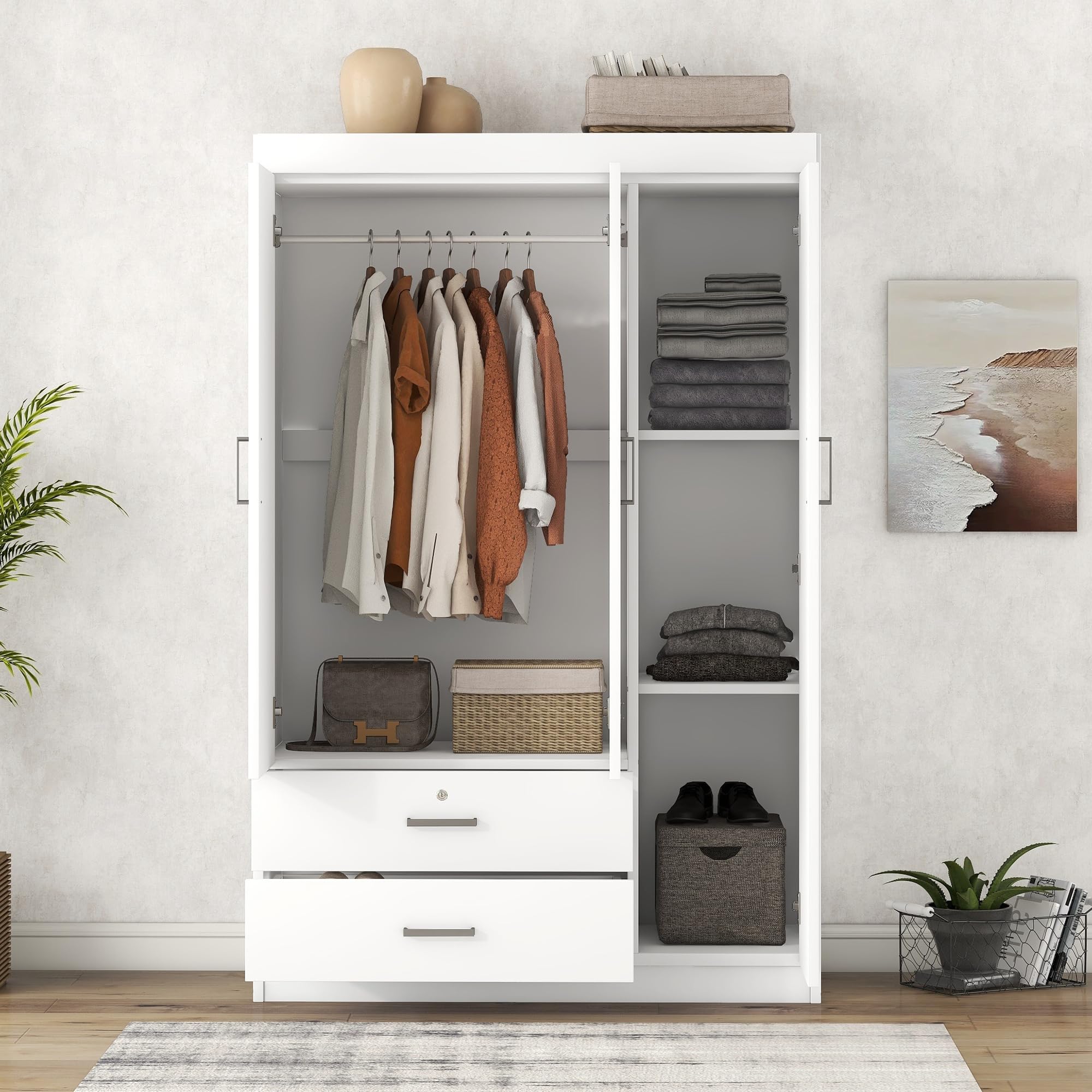 Modern White 3-Door Wood Wardrobe Closet with 2 Drawers & Hanging Rod - Harper & Bright Designs Free-Standing Large Armoire for Bedroom Storage - Perfect for Organizing Clothes, Shoes & Accessories in Master Bedroom, Guest Room or Dorm