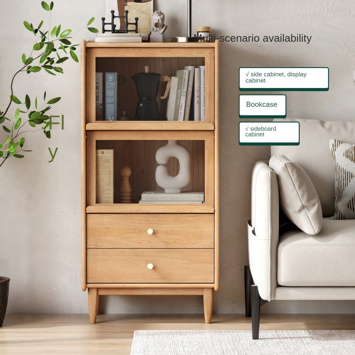 Solid Oak and Ash Wood Flip Door Side Cabinet with LED Lighting - Perfect for Living Room, Bedroom, or Office Storage and Display