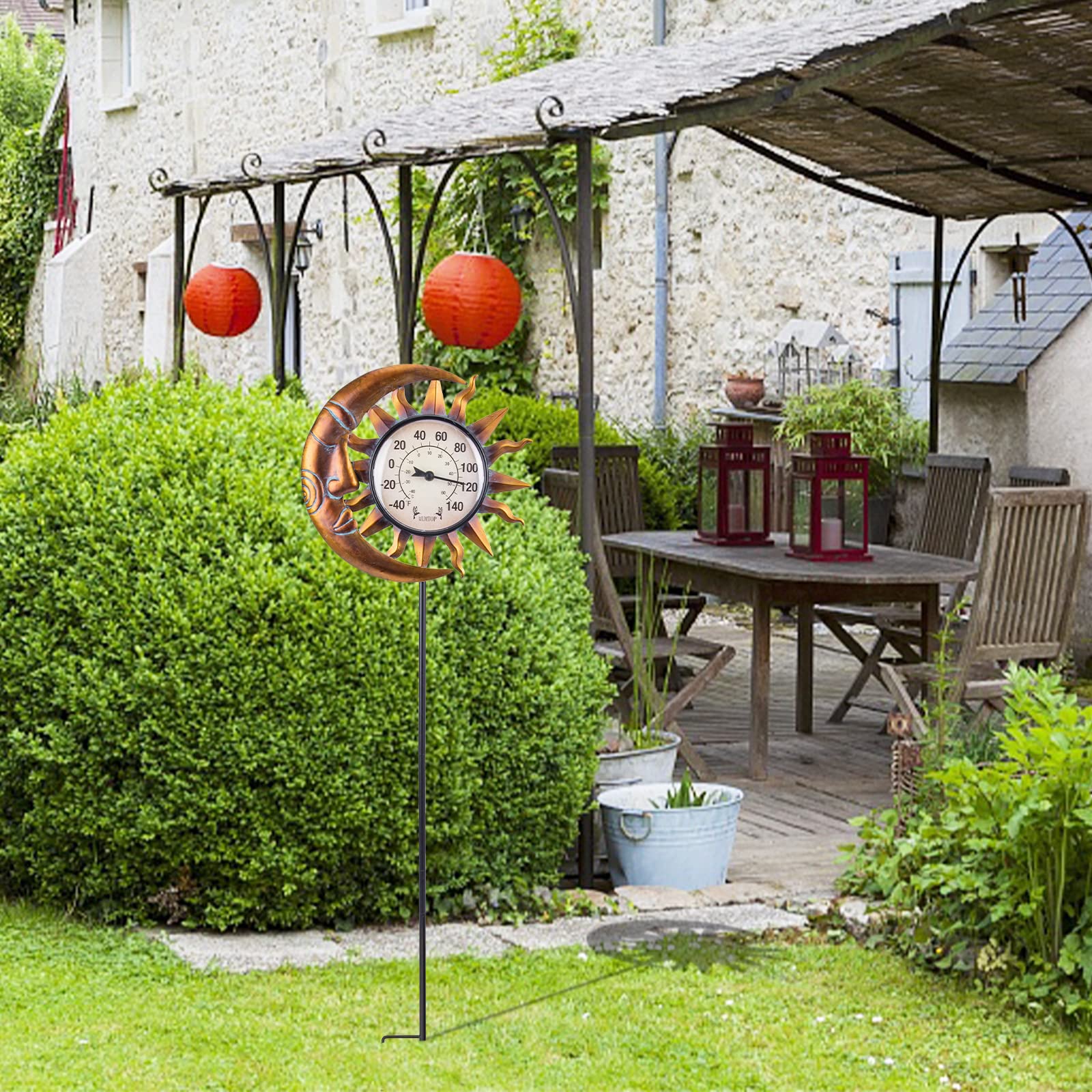 MUMTOP Indoor Outdoor Thermometer with Garden Stake - Accurate Wall Thermometer for Patio, Home & Garden Decor (Sun & Moon Design) | Perfect for Backyard, Greenhouse & Weather Monitoring