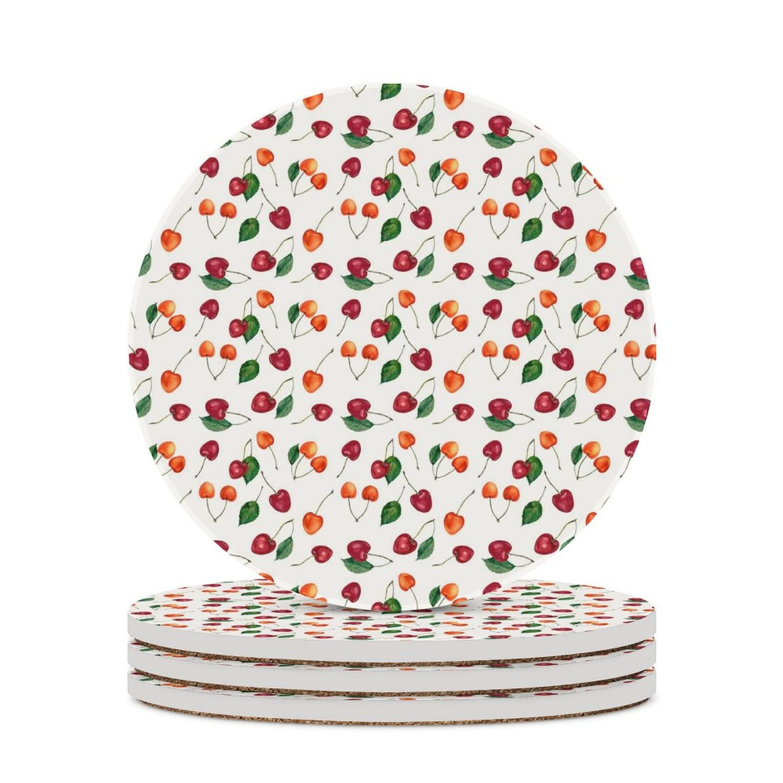 Cherry Berries Watercolor Round Ceramic Coasters Set of 4 - Absorbent Drink Coasters with Cork Base for Hot & Cold Beverages - Perfect for Coffee Mugs, Wine Glasses, and Home Decor