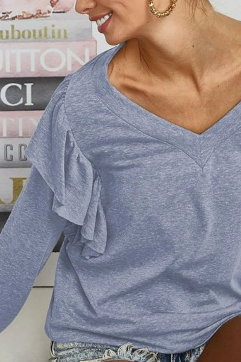 BiBi Women's Triblend V-Neck Top with Shoulder Shirring Detail - Soft Stretch Casual Tee for Everyday Wear, Work & Weekend Outfits