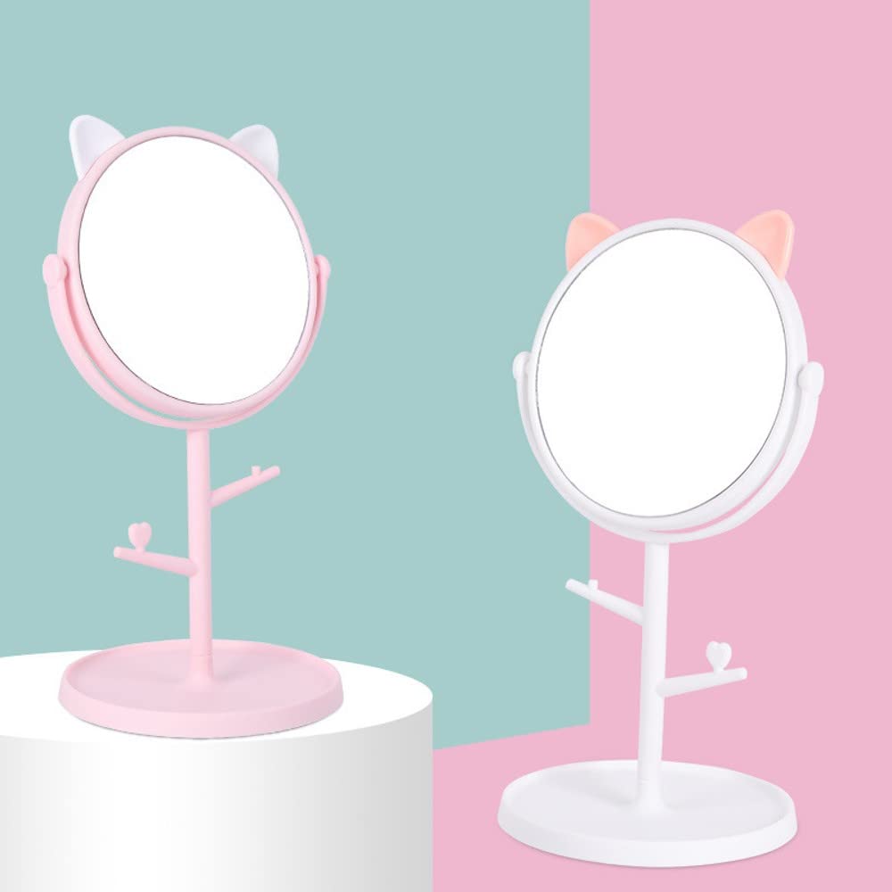Cute Cat Ear Shaped Rotating Vanity Mirror - Portable Desktop Makeup Mirror with Stand for Women, Mintcream White | Perfect for Home, Bathroom & Travel Cosmetic Organizer