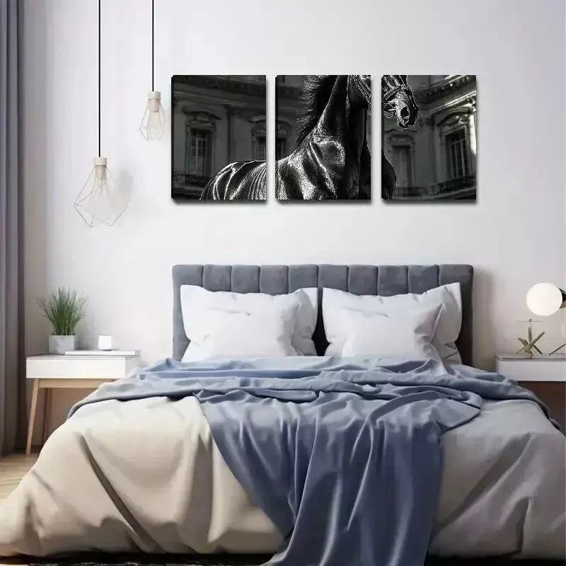 3-Piece Black Horse Black & White Wall Art Canvas Set - 50x70cm Framed Prints - High Quality Australian Made - Ready to Hang - Perfect for Living Room, Bedroom & Office Decor