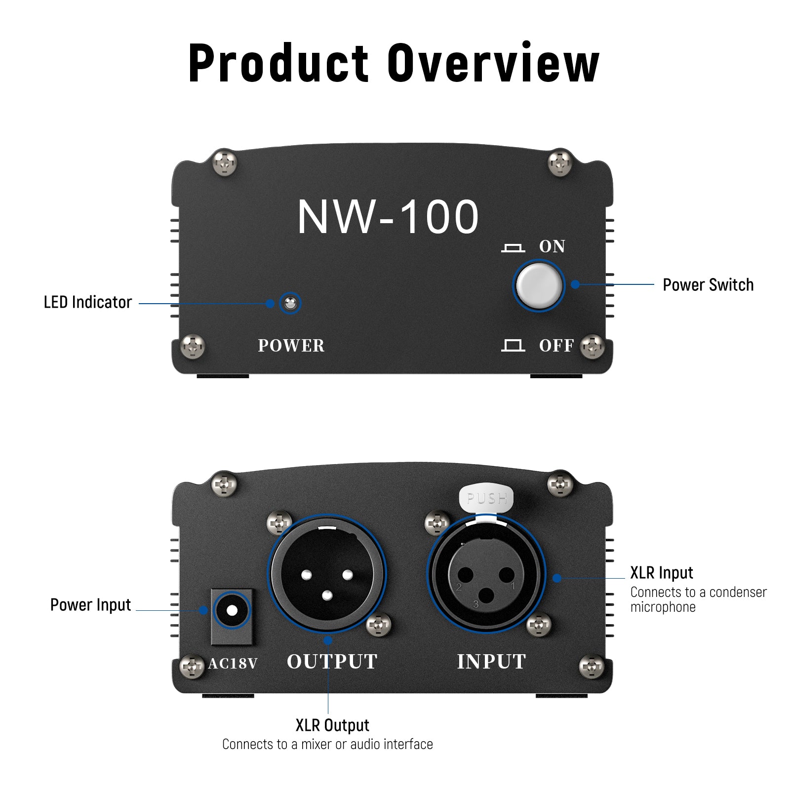 NEEWER NW 100 48V Phantom Power Supply with Adapter for Microphones - Professional Studio Recording & Live Performance Audio Equipment