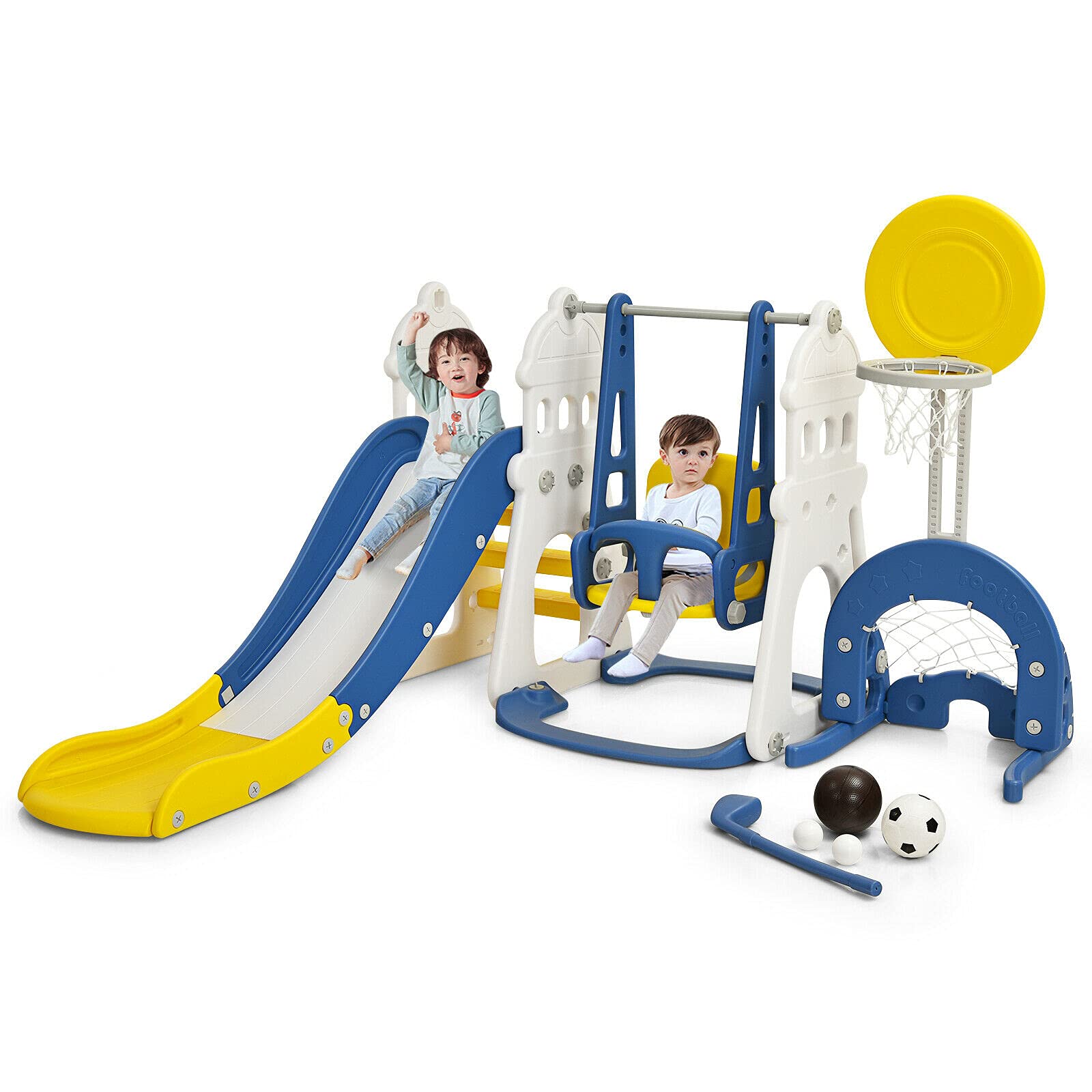 Costzon 6-in-1 Toddler Slide & Swing Set with Basketball Hoop, Soccer Goal & Golf Hole - Indoor/Outdoor Kids Climber Playset for Backyard & Playroom - Blue Castle Design for Toddlers & Preschoolers (Perfect for Birthday Gifts & Outdoor Family Fun)