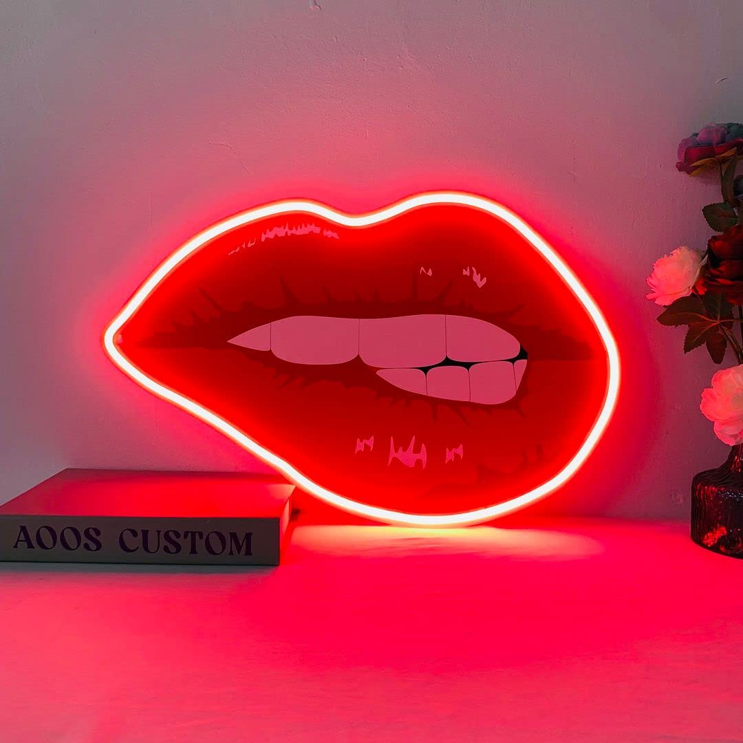 Biting Lips Neon Signs - Custom LED Wall Art for Bedroom, Home, Wedding & Party Decor - Perfect for Aesthetic Room, Bathroom & Kitchen Lighting - Create a Vibrant Atmosphere for Parties, Weddings & Home Styling