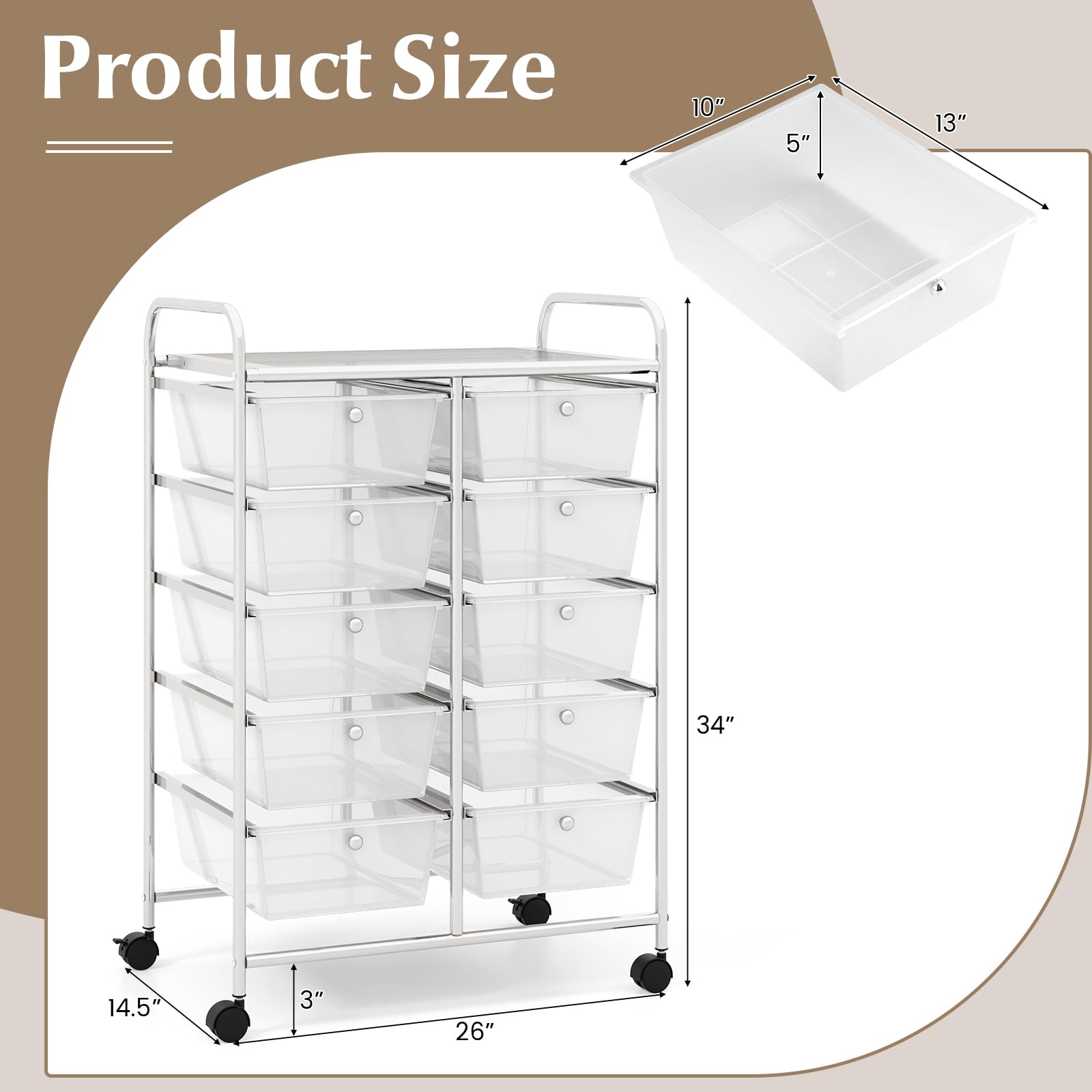 Byroce 10-Drawer Rolling Cart with Wheels - Multipurpose Craft Storage Organizer for Art Supplies, Tools, Paper - Utility Cart for School, Teacher, Home & Office Use (Clear) - Perfect for Classroom Organization, Craft Room Storage & Mobile Office Supplies