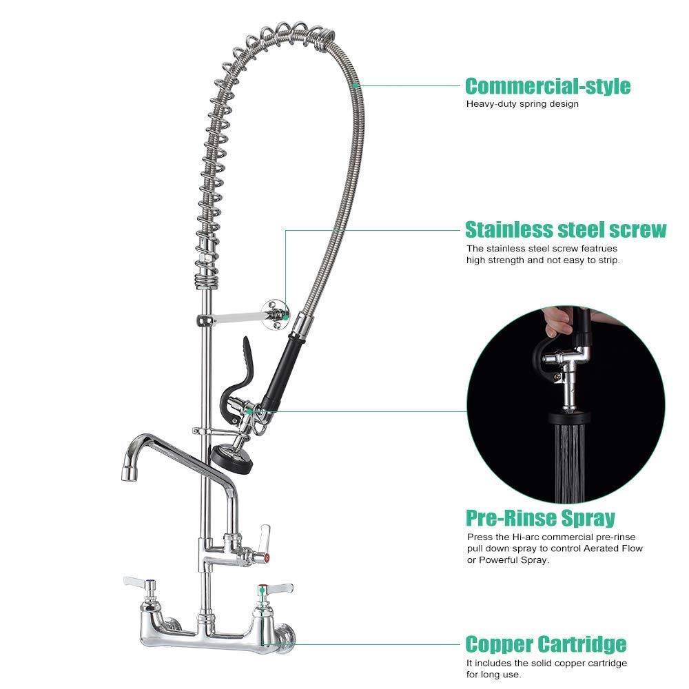 IMLEZON Commercial Sink Faucet - 8 Inch Wall Mount Pre-Rinse Sprayer with 43 Inch Height, Backsplash Mount & Installation Kit - Perfect for Restaurant, Bar, and Commercial Kitchen Use