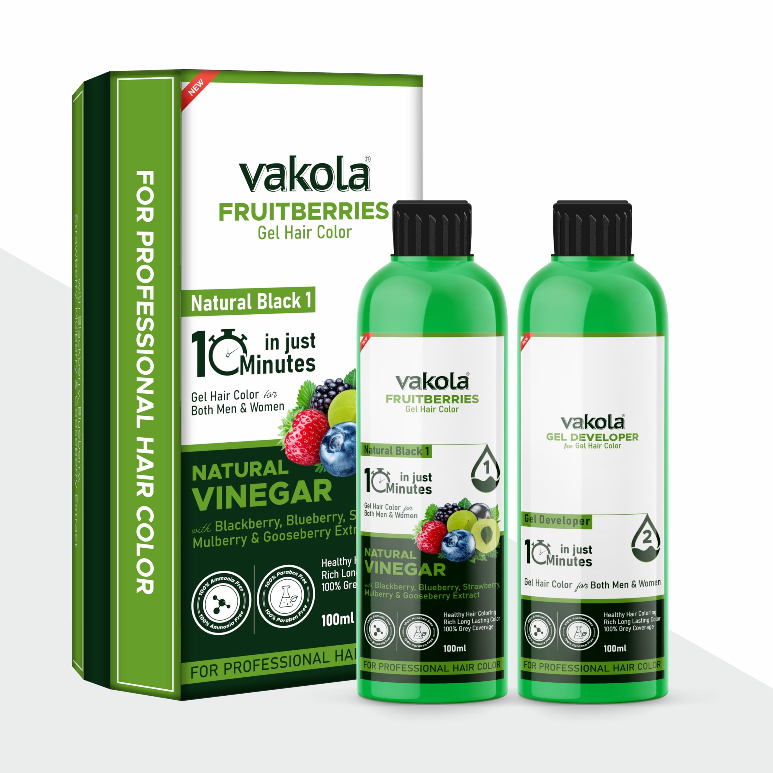 Vakola Natural Black Long Lasting Fruitberries Hair Color Gel with Vinegar Extract - Professional Hair Dye for Men & Women (100ml x 2 Pack: Black Gel + Developer) - Perfect for At-Home Hair Coloring & Salon-Quality Results