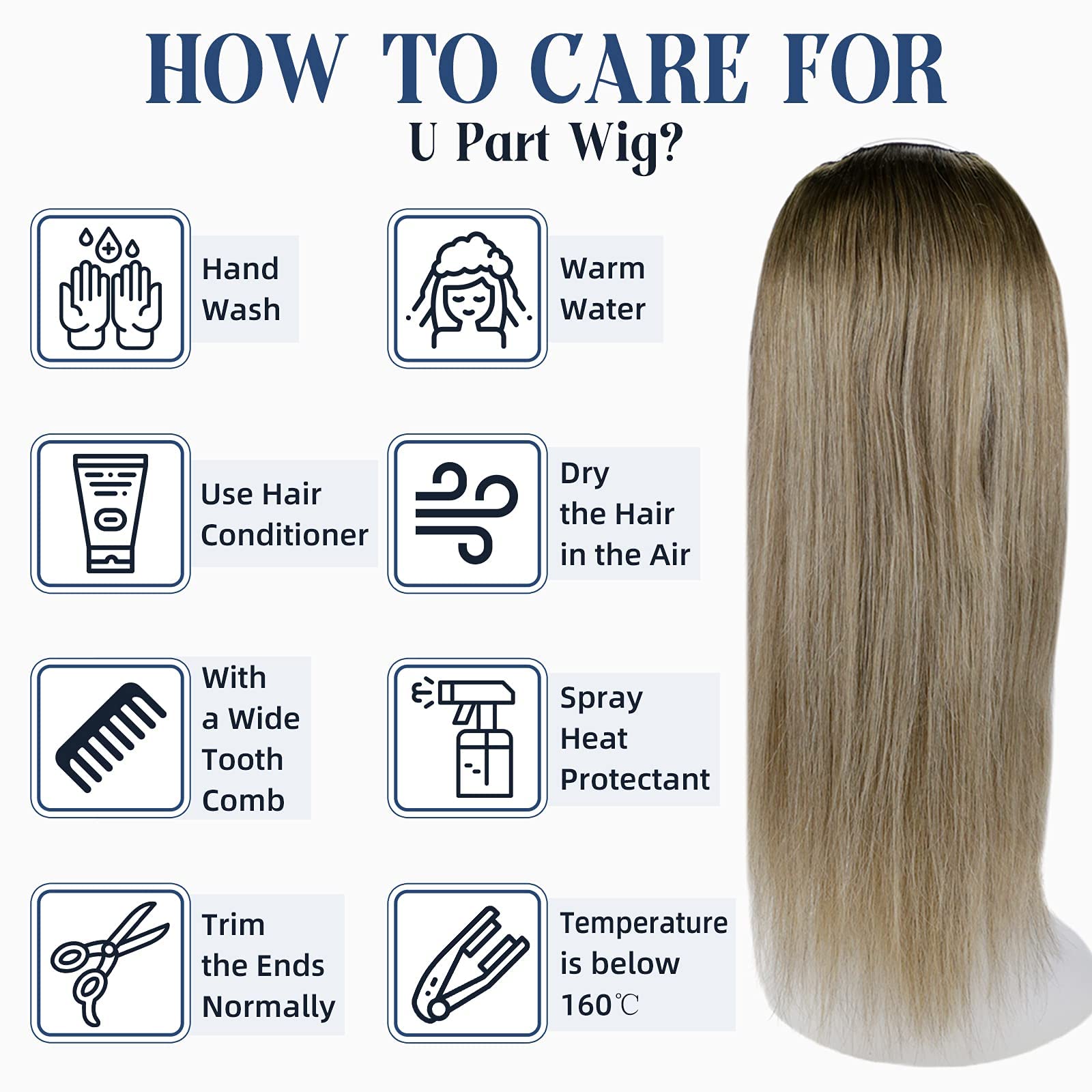 Full Shine U Part Human Hair Wigs - 20Inch Ombre Balayage Brown Blonde Remy Hair Half Wig with Clip Ins (150g) - Perfect for Daily Wear, Parties & Special Occasions