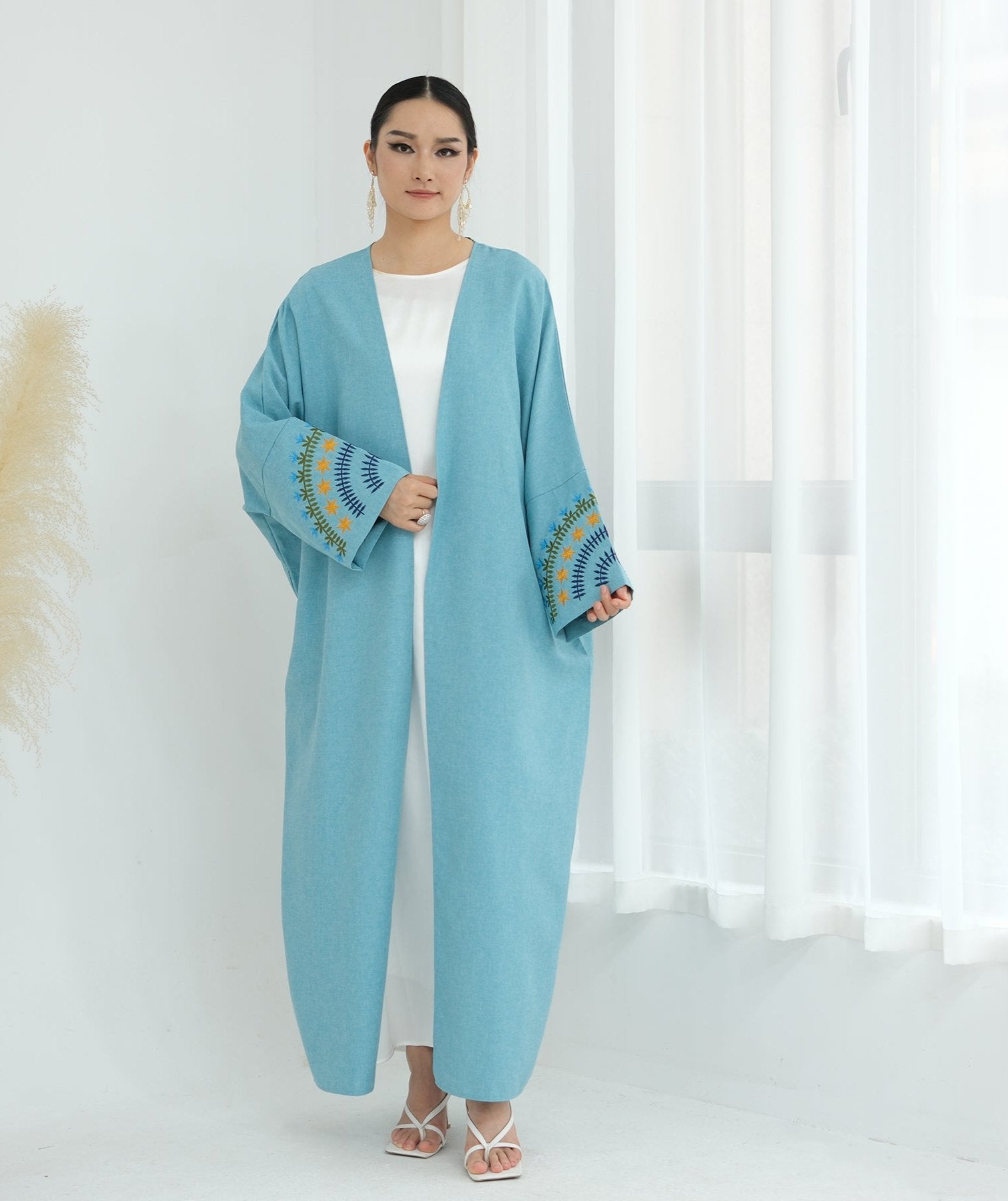 Carin Embroidered Kimono Duster Jacket - Duck Blue | Lightweight Cover-Up for Women | Perfect for Beach, Vacation & Boho Outfits