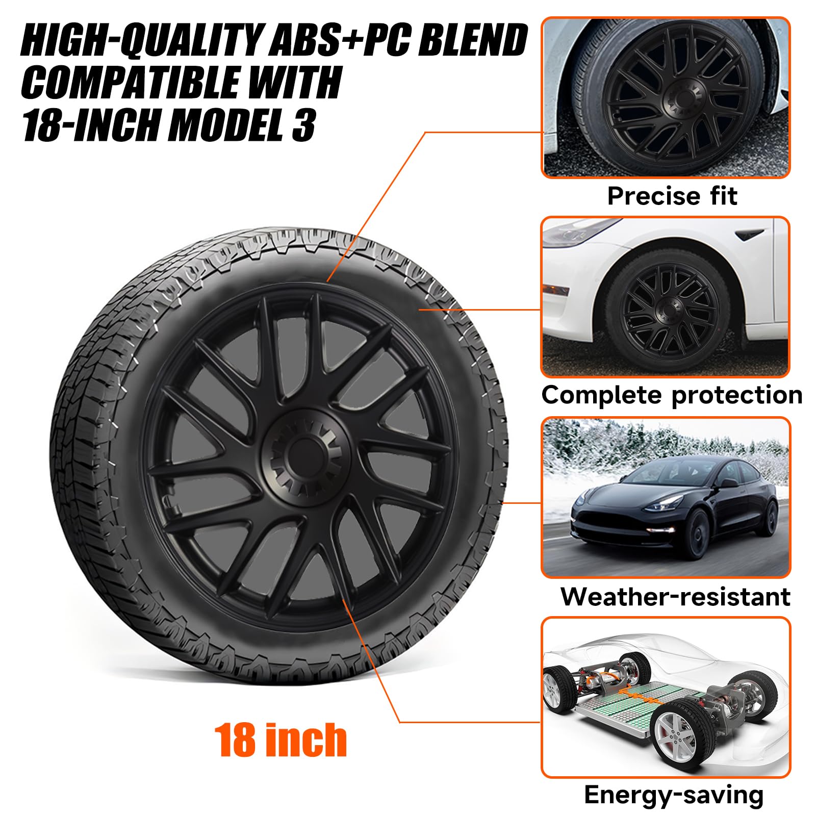 Tesla Model 3 Wheel Covers 18 Inch (2024 Highland) - 4PC Hub Caps for Tesla Model 3 Accessories, ABS Plastic OEM Style Replacement Rim Covers - Asymmetrical Whirlwind Black Design | Perfect for Winter Protection & Enhanced Vehicle Appearance