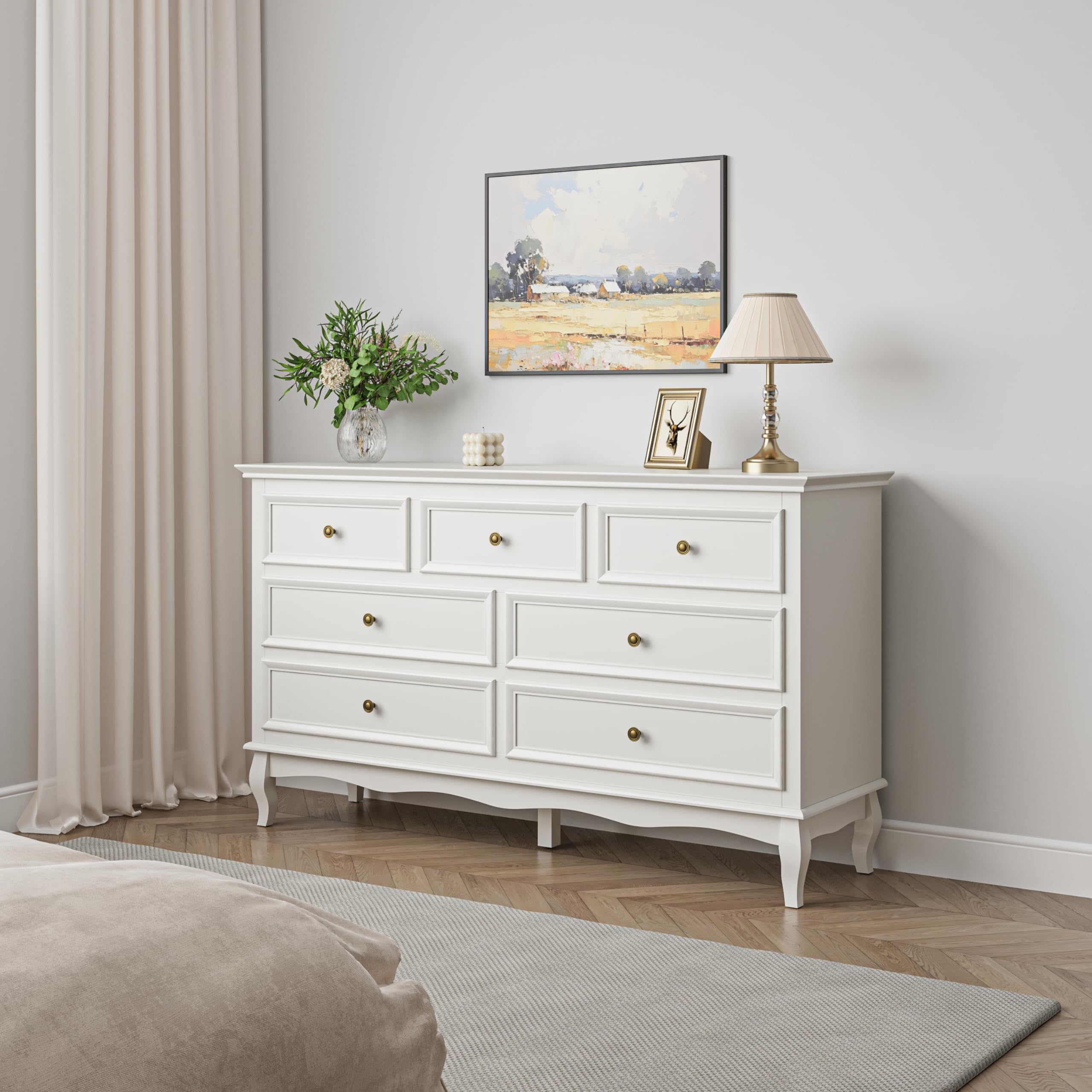 RoyalCraft White 7-Drawer Dresser for Bedroom - Modern Wooden Chest of Drawers with Solid Wood Legs & Painted Finish - Storage Cabinet Organizer for Clothes, Bedding, Accessories - Perfect for Bedroom, Living Room & Hallway Organization