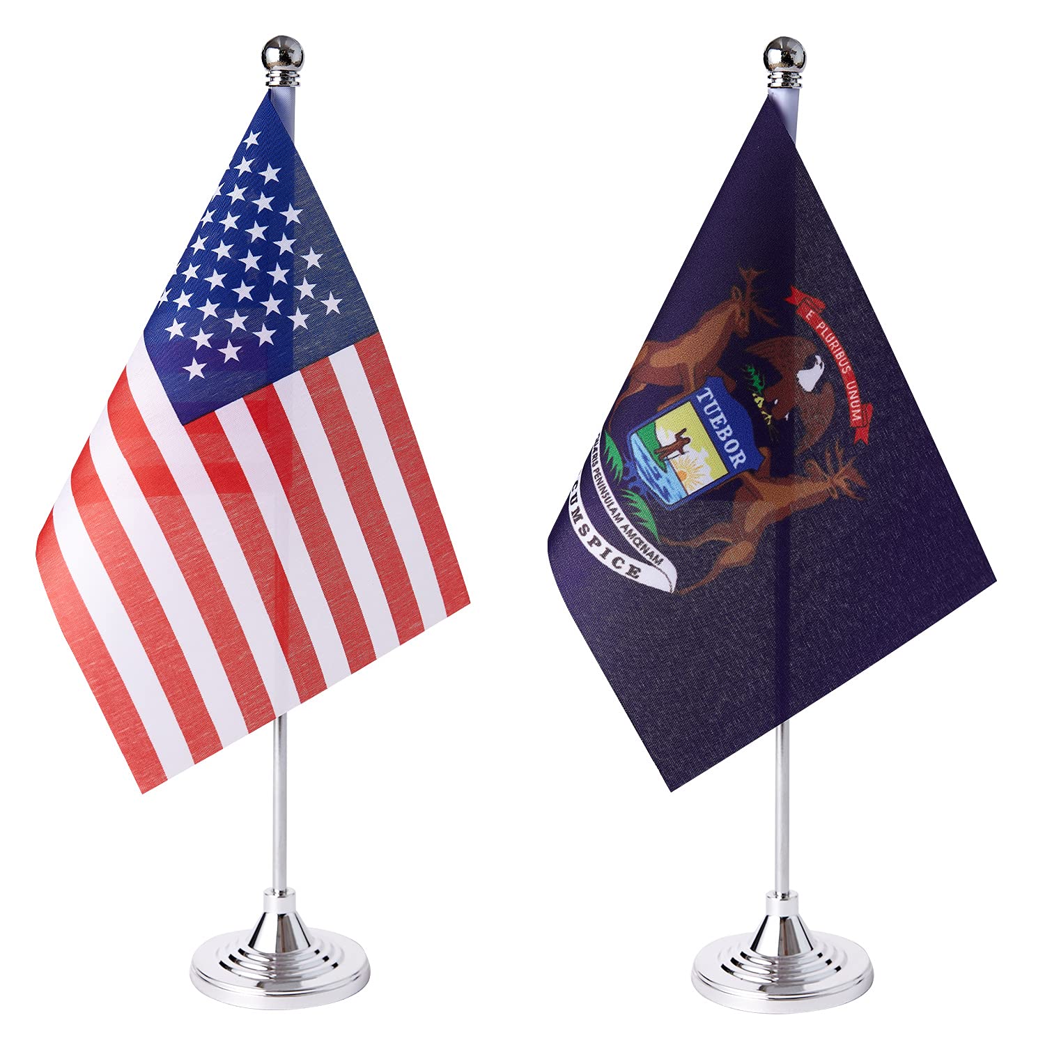 2 Pack Small Mini Michigan State Flags with Stand Base - USA MI Table Desk Flags for Party Events, Home & Office Decorations, US States Celebrations, and Patriotic Displays
