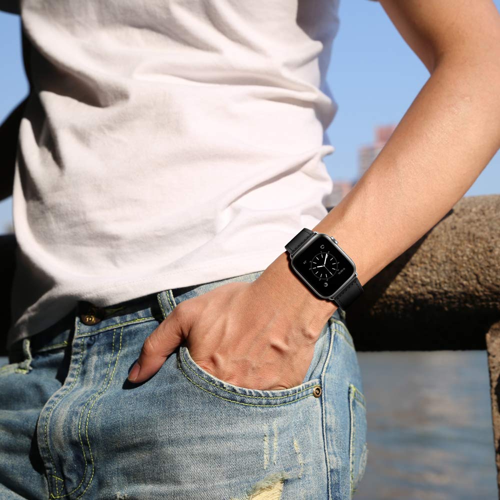KYISGOS Genuine Leather Replacement Band for Apple Watch Series 1/2/3/4/5/6/7/8/9/10 & SE - Compatible with 38mm 40mm 41mm 42mm iWatch - Black/Silver - Perfect for Workouts, Office & Everyday Wear