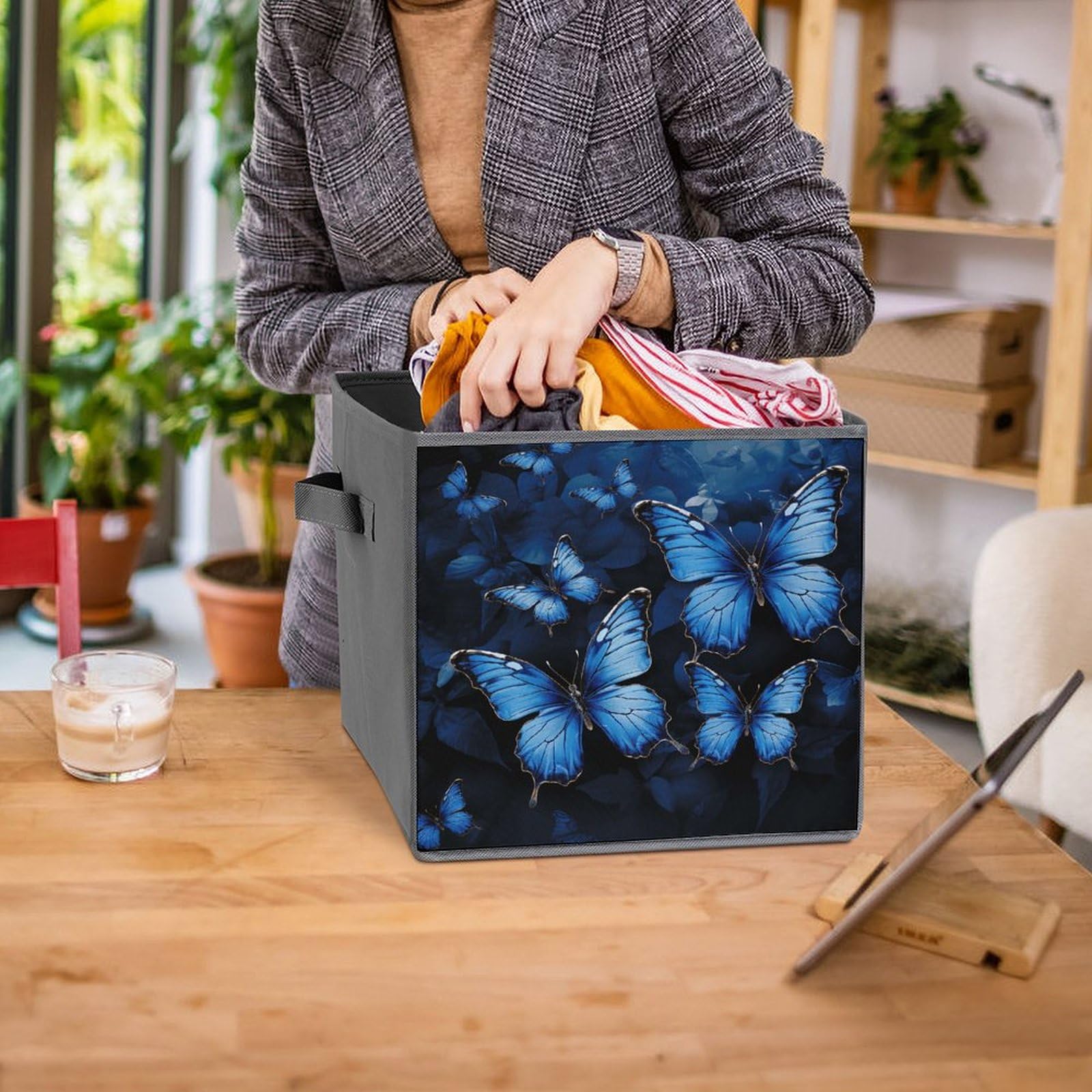 1PCS Foldable Storage Bins with Handles - Dark Blue Butterfly Printed Large Capacity Storage Box for Home, Office, Playroom Organization | Perfect for Toys, Books, Clothes & Household Items Storage