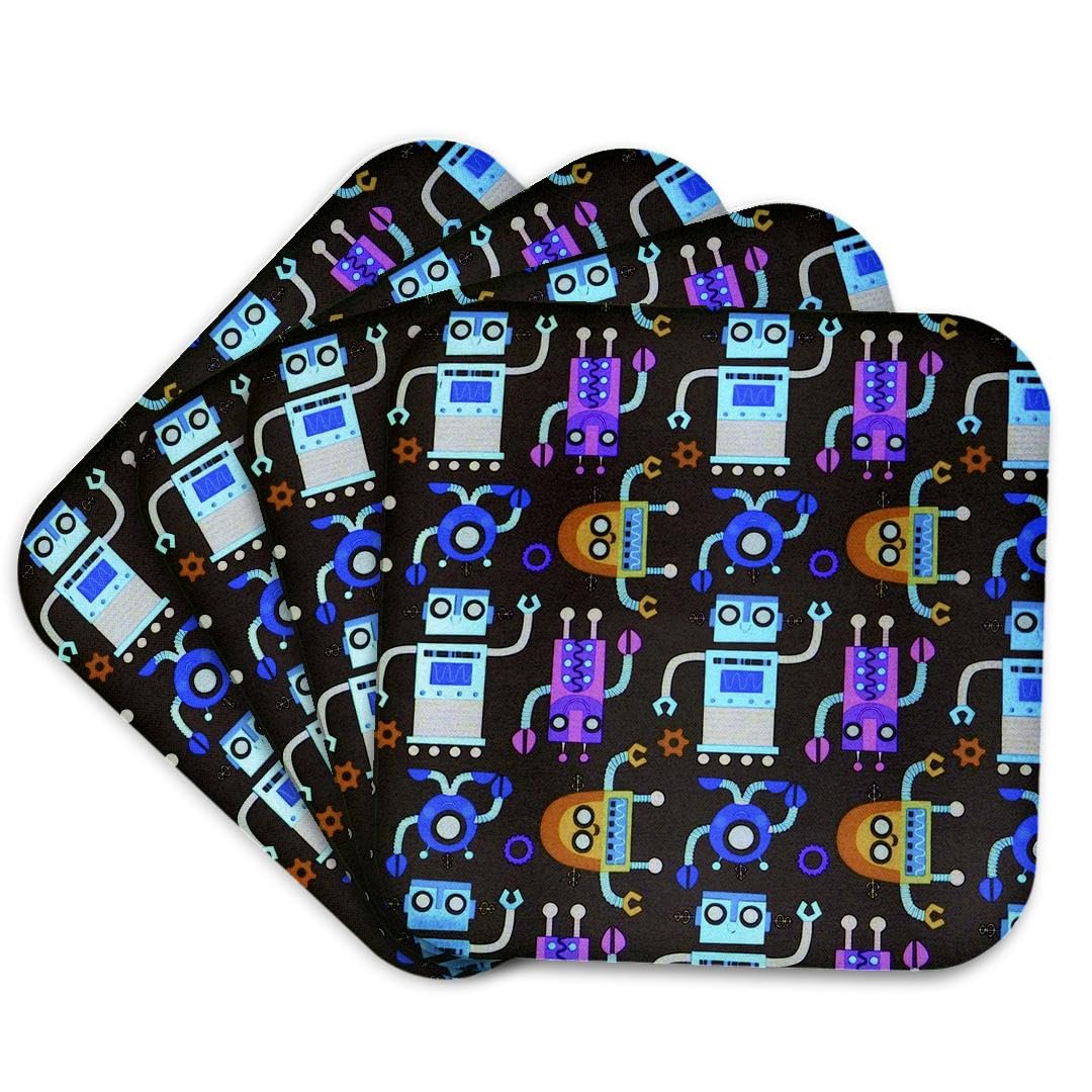 3D Rose Set of 4 Soft Coasters - Blue Orange Purple Robots Design on Black Background | Perfect for Coffee Mugs, Beer Glasses & Home Decor