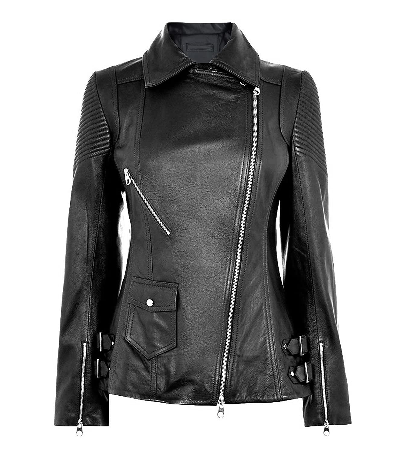 Women's Slim Fit Biker Leather Jacket - Stand-Up Collar, Zipper Stitching, Solid Color (XS-5XL) | Cuir Collections | Perfect for Motorcycle Riding, Night Out & Fashion Statement