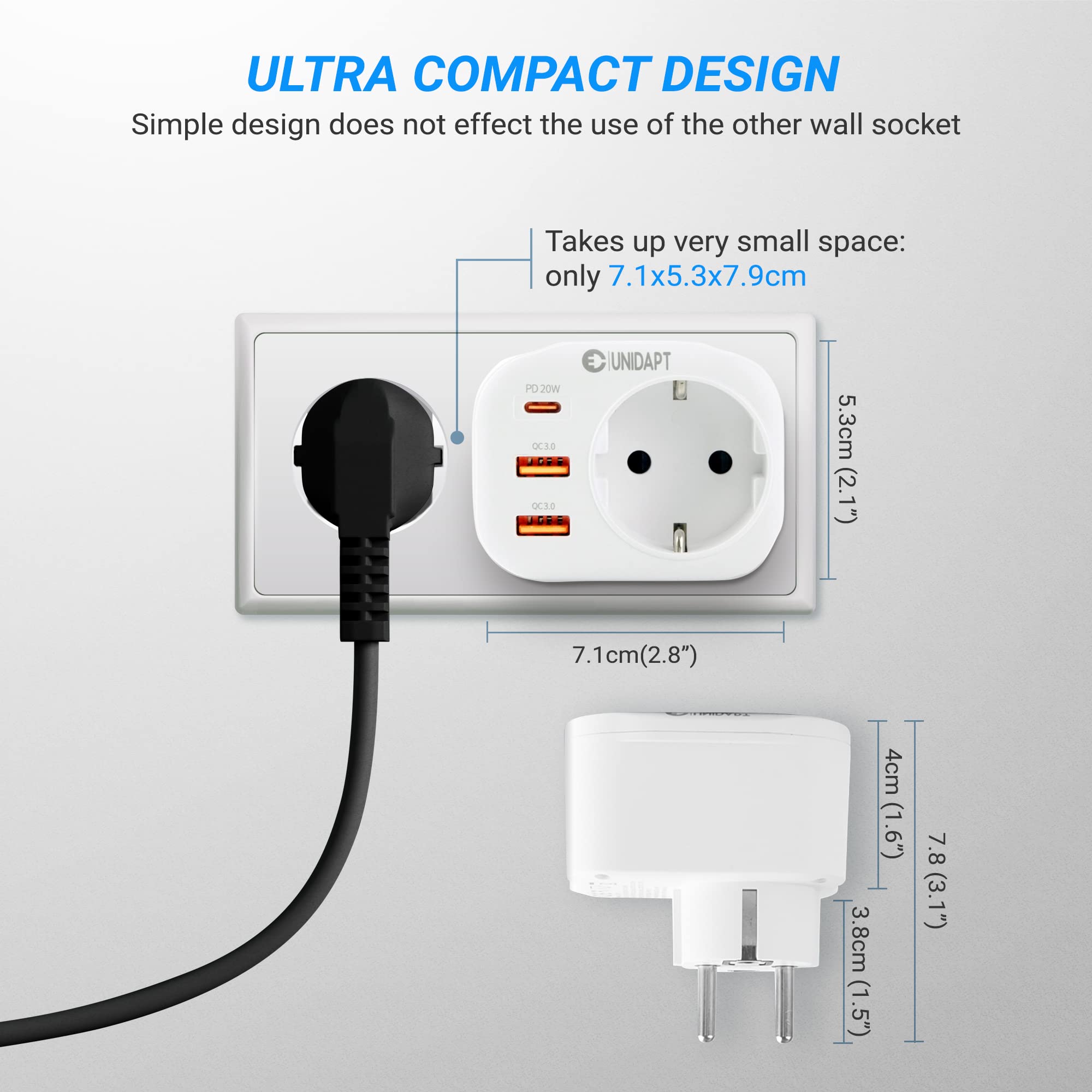 20W USB C Wall Charger with Fast Charging - Unidapt 3-Port USB Outlet (2 USB-A QC 3.0 + 1 PD USB-C) 4000W(16A) Multi USB Charger Adapter - Perfect for Home, Office & Travel (White)