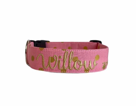 Duke & Fox® Personalized Embroidered Dog Collar - Pink & Gold Polka Dot Adjustable Pet Collar for Small Medium Large Dogs - Perfect for Daily Walks, Training & Special Occasions