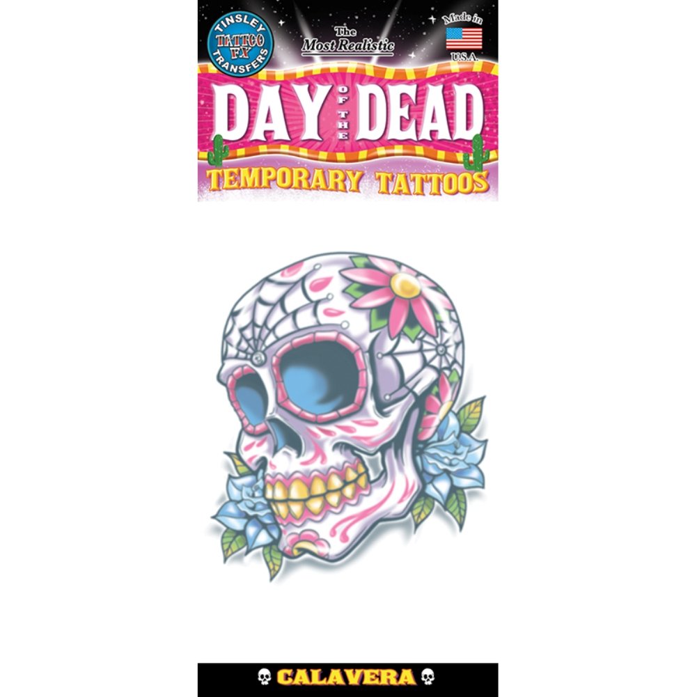 Temporary Tattoo Stickers - Mexican Sugar Skull Calaveras Design for Halloween, Day of the Dead, Parties & Costume Events - Waterproof & Long Lasting Fake Tattoos for Adults & Teens