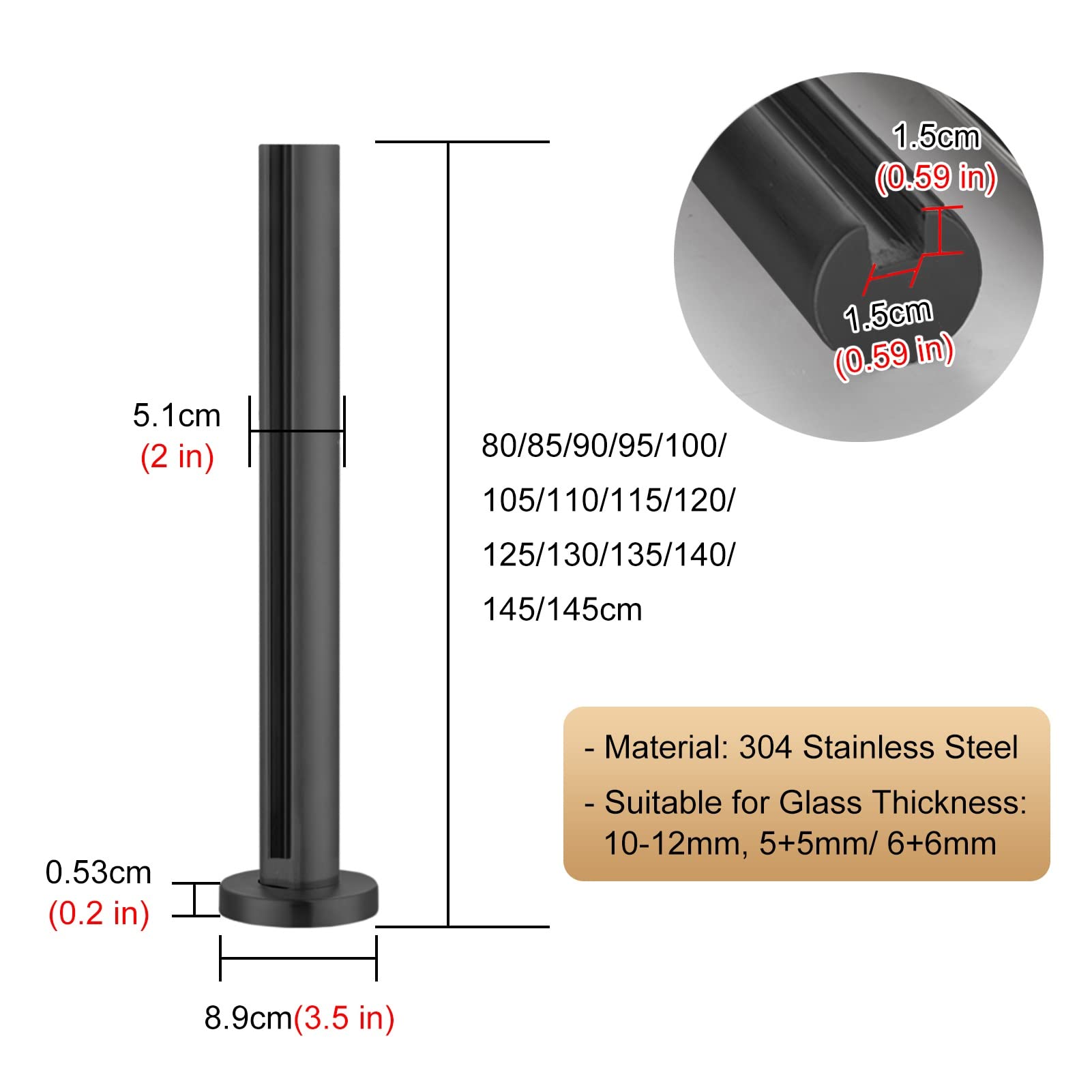 Black Round Glass Railing Post - Lightweight Stainless Steel Deck Balustrade System for Hotel Rooftop, Balcony & Floor Mounting - 85cm/2.78ft Mid Post - Perfect for Modern Homes, Commercial Buildings & Outdoor Decks