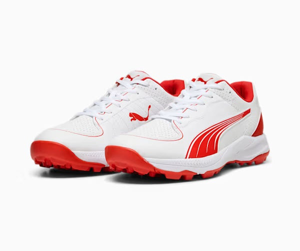 PUMA 24 FH Rubber Cricket Shoes for Men & Women - Lightweight, Non-Slip, Comfortable Sports Shoes (White/Red) - Perfect for Cricket Matches, Training & Outdoor Sports