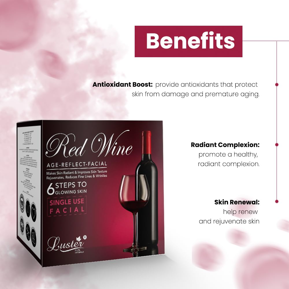 Luster Red Wine Facial Kit & Anti Acne Facial Kit | 6-Step Skincare Routine | Single Use Mini Facial Kit for Women & Men | Paraben & Sulfate Free (40g) | Perfect for Travel & Quick Glow Boosts