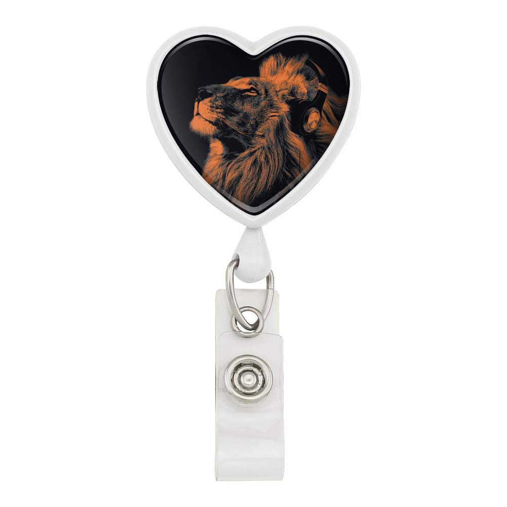 Lion Wearing Headphones Music Heart Lanyard - Retractable Reel Badge ID Card Holder for Work, School & Events - Fun Animal-Themed Accessory for Music Lovers