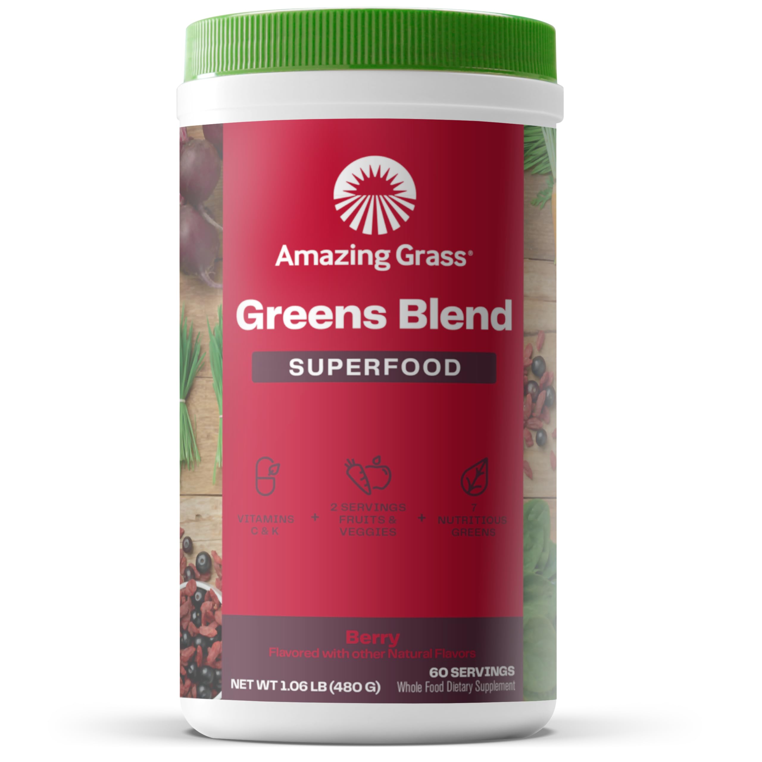 Amazing Grass Greens Superfood Powder - Organic Berry Flavor with Digestive Enzymes, Probiotics, Spirulina & Chlorella - 60 Servings for Energy Boost & Detox | Perfect for Smoothies, Juices & Daily Wellness Routine