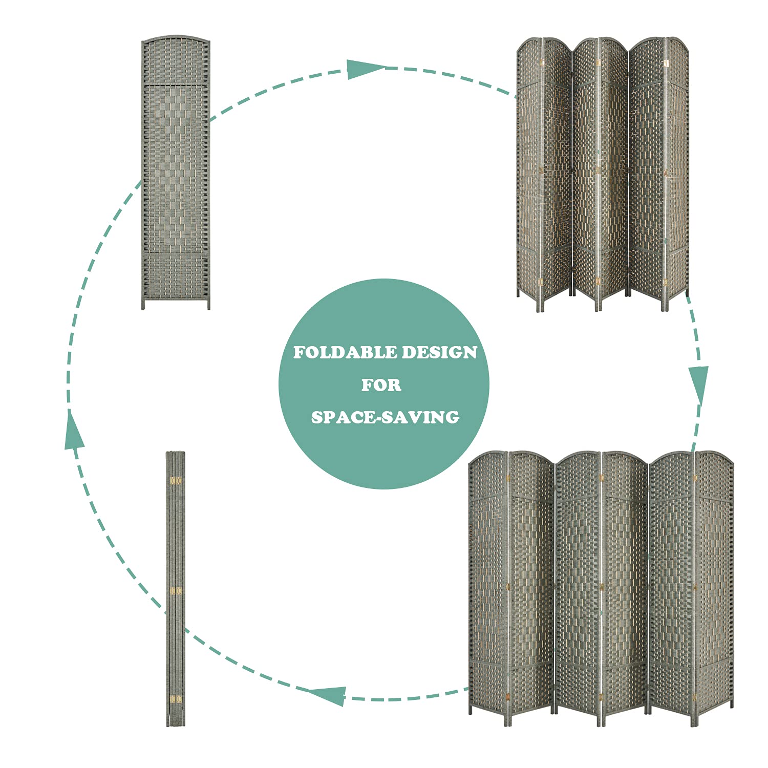 6-Panel Room Divider Screen - Decorative Privacy Partition for Home & Office - Indoor/Outdoor Folding Screen in Gray - Perfect for Creating Separate Spaces in Living Rooms, Bedrooms or Patios