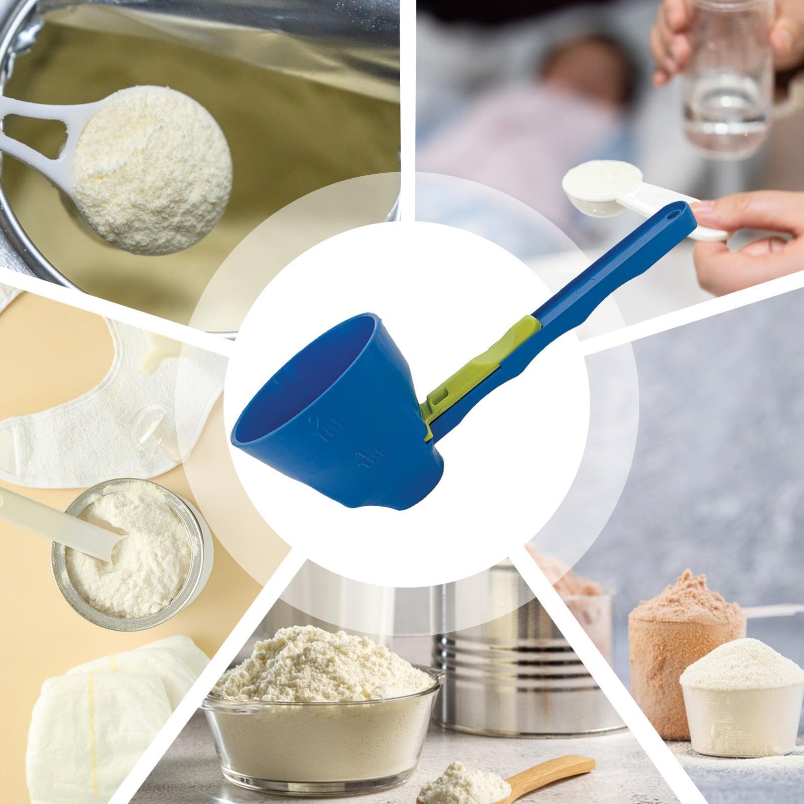 4-Piece Funnel Scoop Set - No Spill 2-in-1 Measuring Scoop with Sliding Base & Long Handle for Protein Powder, Baby Formula, Gym Supplements | Perfect for Kitchen, Bodybuilding & Travel Use