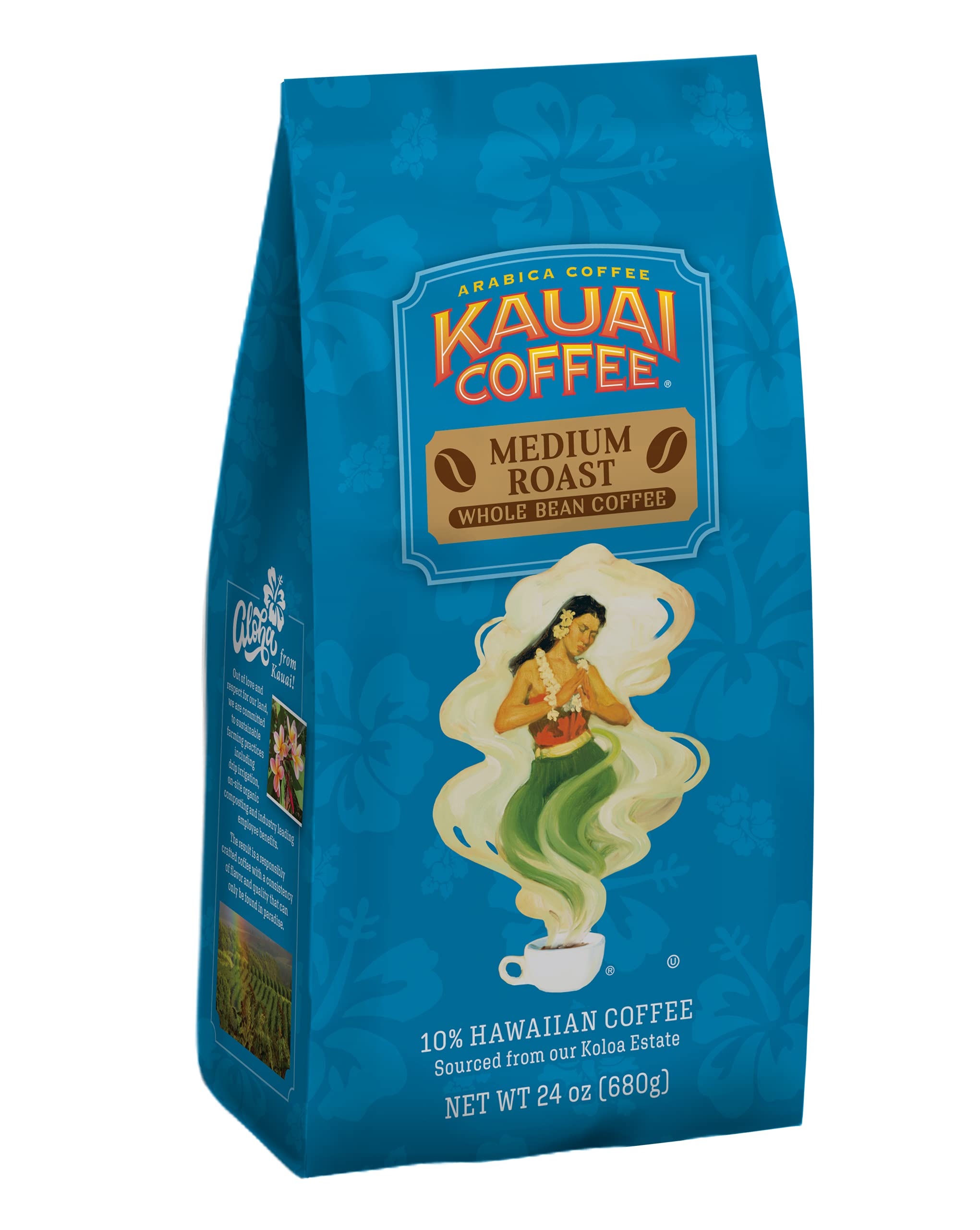Premium Kauai Coffee Koloa Estate Medium Roast Whole Bean Coffee - 24 oz Bag for Rich Flavor | Perfect for Home Brewing, Office Use & Gourmet Gifts
