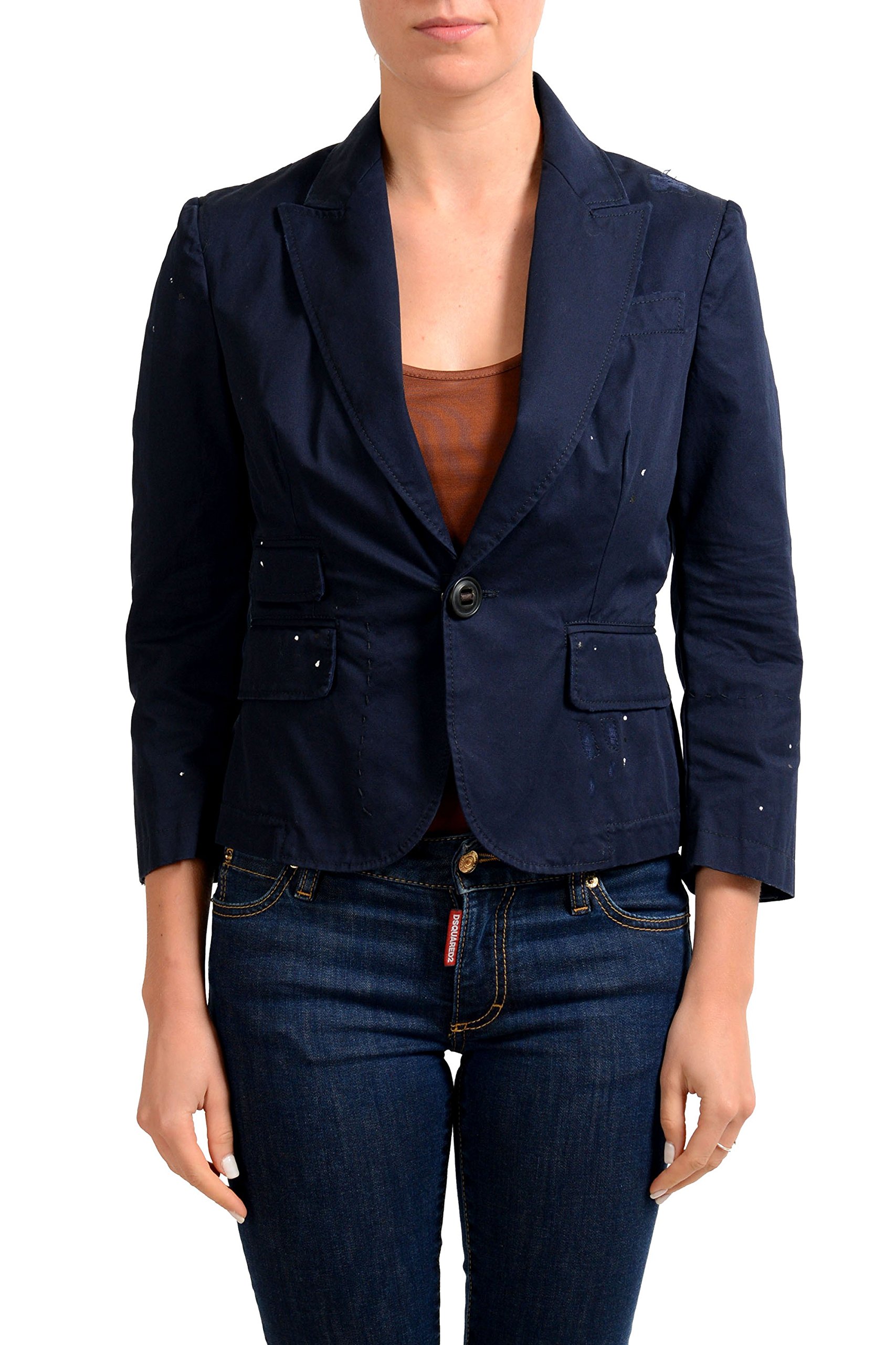 DSQUARED2 Women's Navy Blue Distressed One Button Blazer Jacket - Size US M (IT 42) | Slim Fit Stretch Wool Blend for Office, Business, and Evening Wear