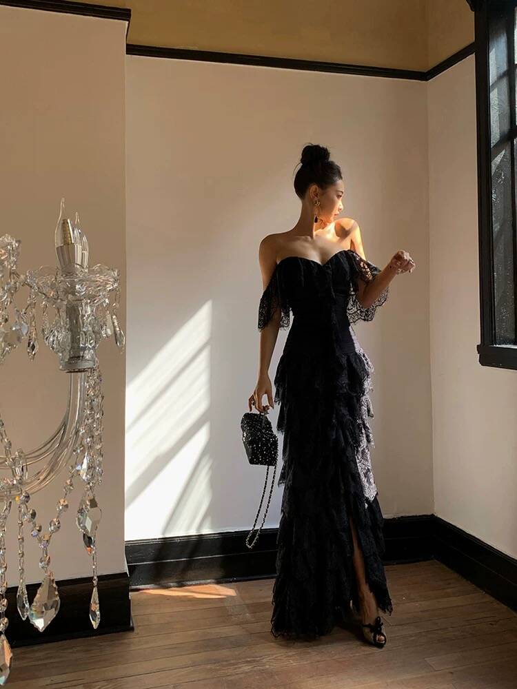 Elegant Off Shoulder Black Lace Prom Dress with High Slit - Formal Evening Gown J4793 for Homecoming, Wedding Guest & Special Occasions