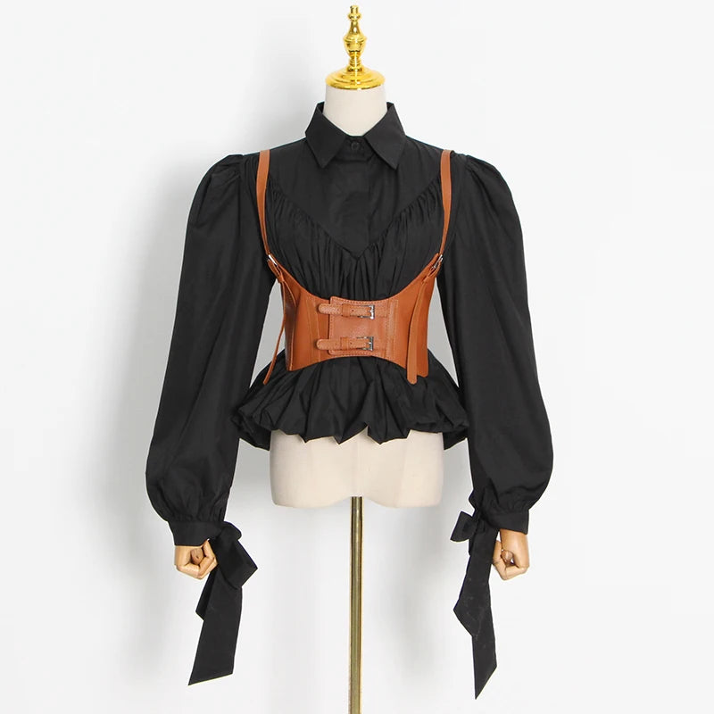 Stylish Black Casual Shirt for Women - Lapel Collar Long Sleeve Patchwork Pleated Blouse | Spring Fashion Essential for Office, Dating & Everyday Wear
