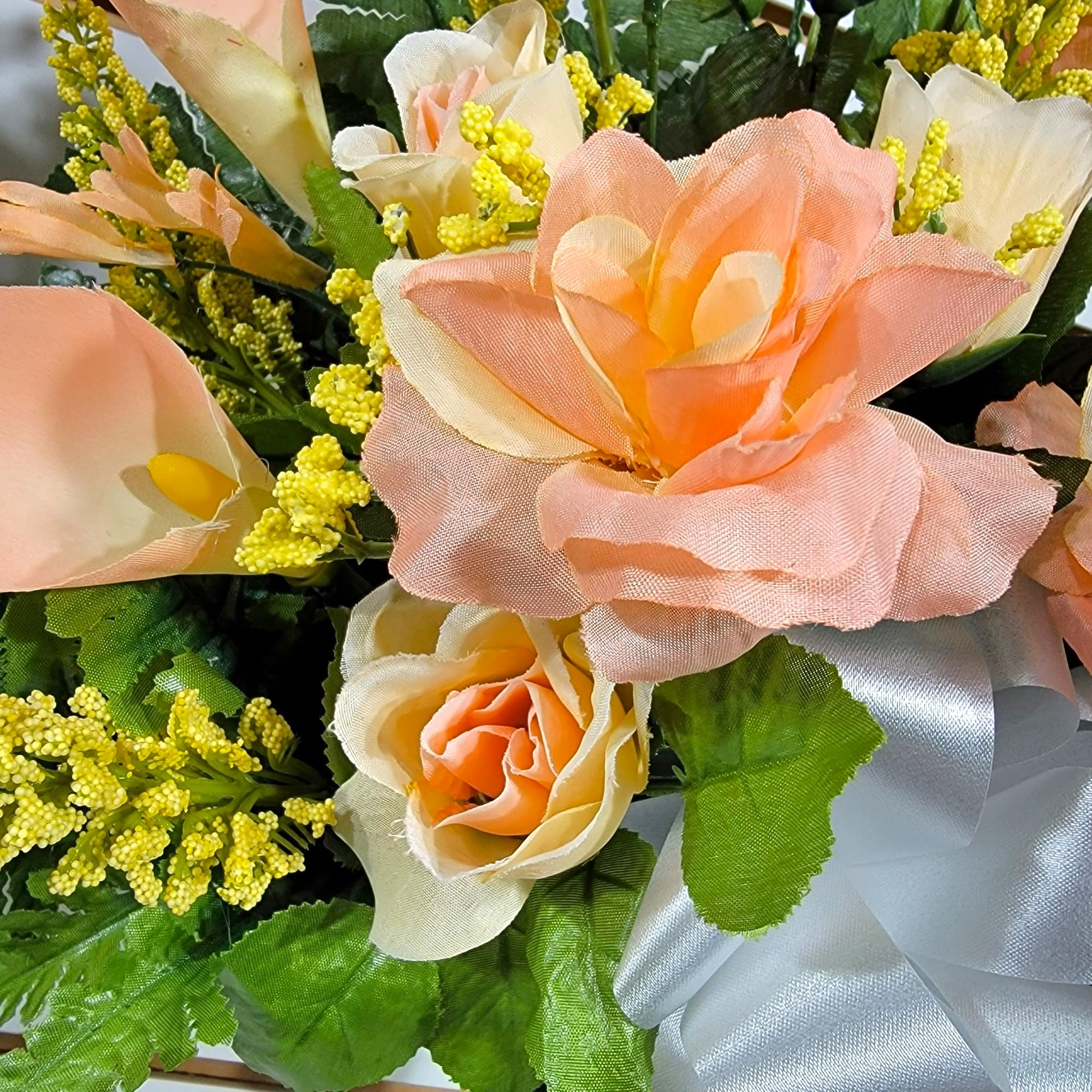 Realistic Artificial Cemetery Flowers - Silk Faux Peach Rose & Calla Lily Bouquet for Graves - 2 Headstone Decorations - Memorial Flowers for Gravesite, Funeral, Sympathy & Remembrance