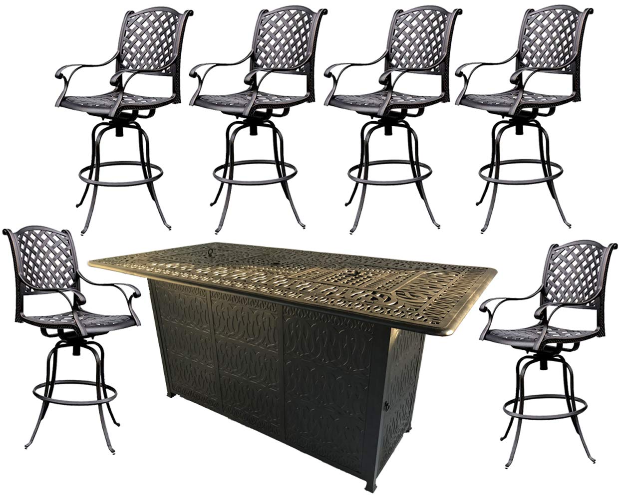 7-Piece Patio Bar Set with Double Burner Fire Pit Table & 6 Nassau Barstools - Durable Cast Aluminum Outdoor Furniture for Backyard, Deck, or Garden Entertaining